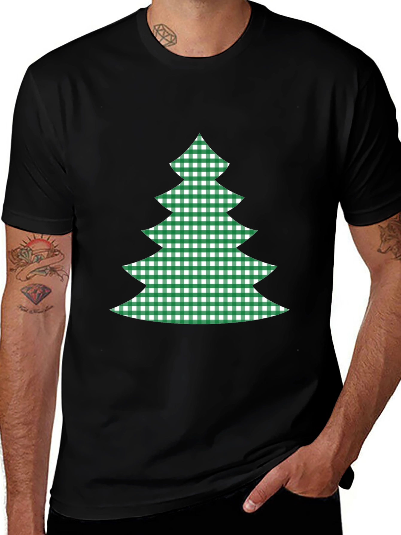 Festive Plaid Christmas Tree Graphic Tee - Black