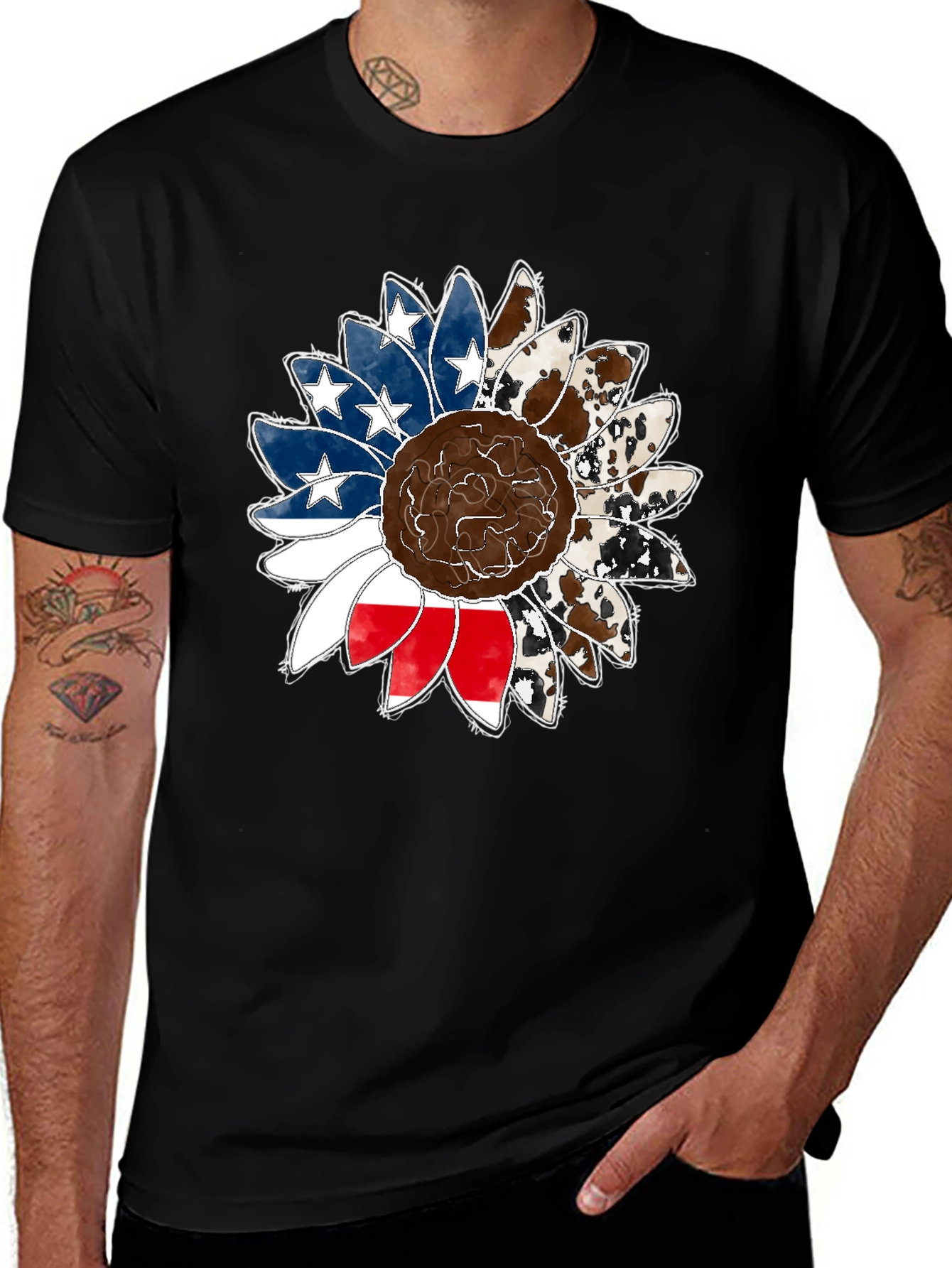 Black American Flag Sunflower Graphic Tee main image