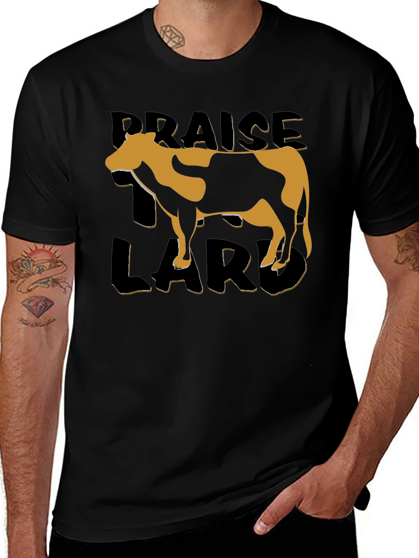 Variant 4 of Praise Laru Cow T-Shirt - Black Graphic Tee