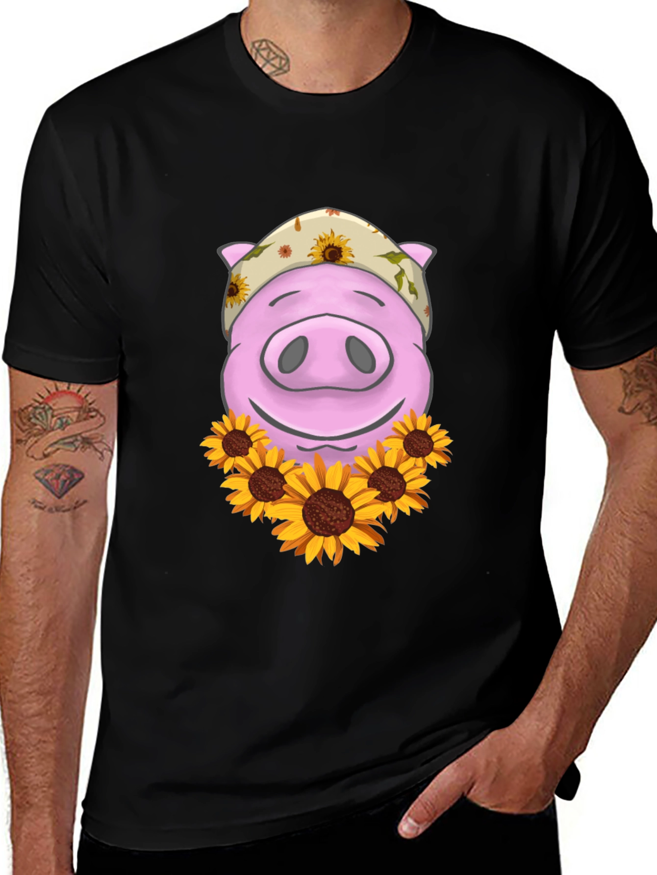 Pig with Sunflowers Graphic T-Shirt