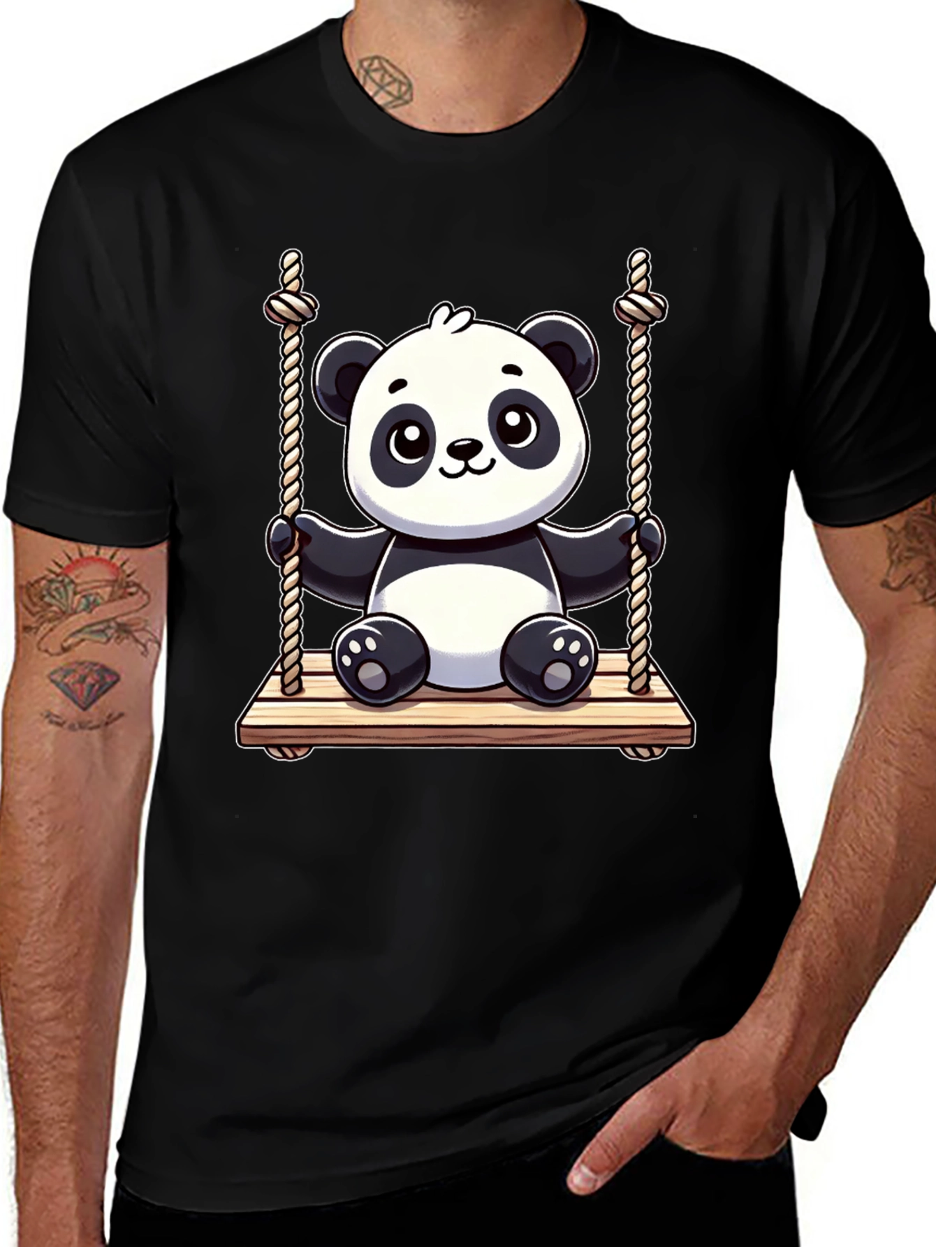 Variant 8 of Cute Panda on Swing Graphic Tee - Black