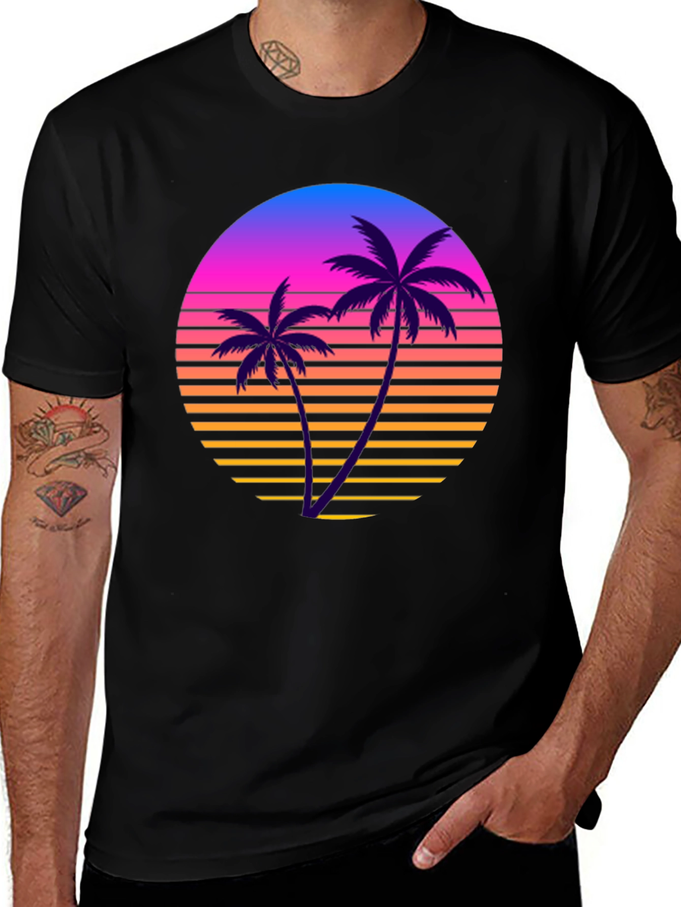 Variant 4 of Retro Sunset Palm Tree Graphic Tee - Black Cotton T-Shirt