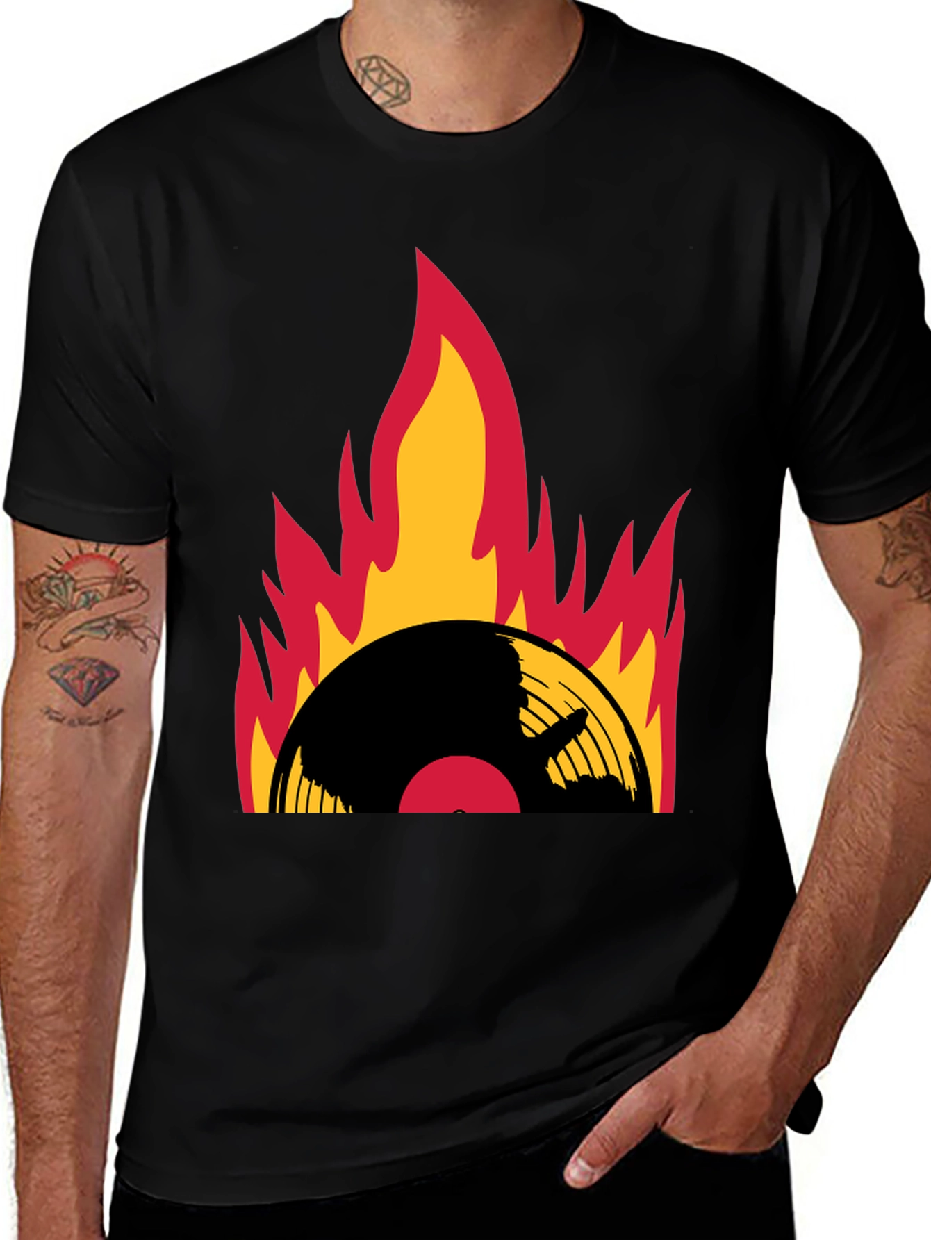 Variant 14 of Flaming Vinyl Record Graphic Tee - Black Cotton T-Shirt