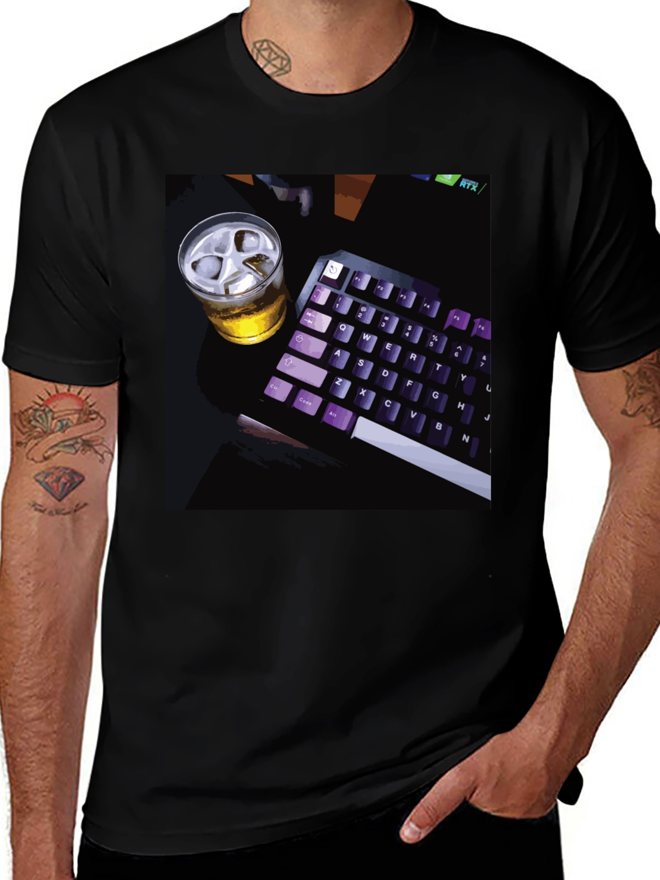 Variant 11 of Gamer Mode Black T-Shirt: Keyboard & Beer