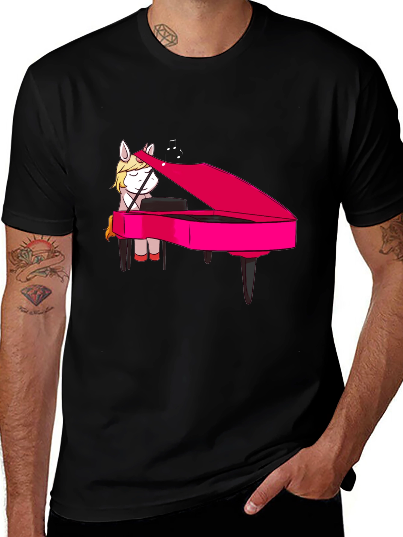 Variant 30 of Unicorn Piano Player Black Graphic Tee