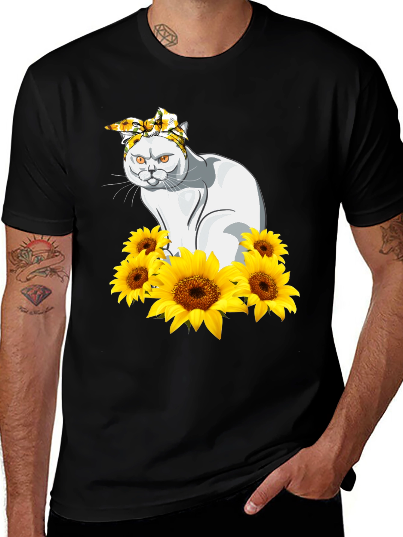 Variant 4 of Cat Sunflower T-Shirt - Black Graphic Tee