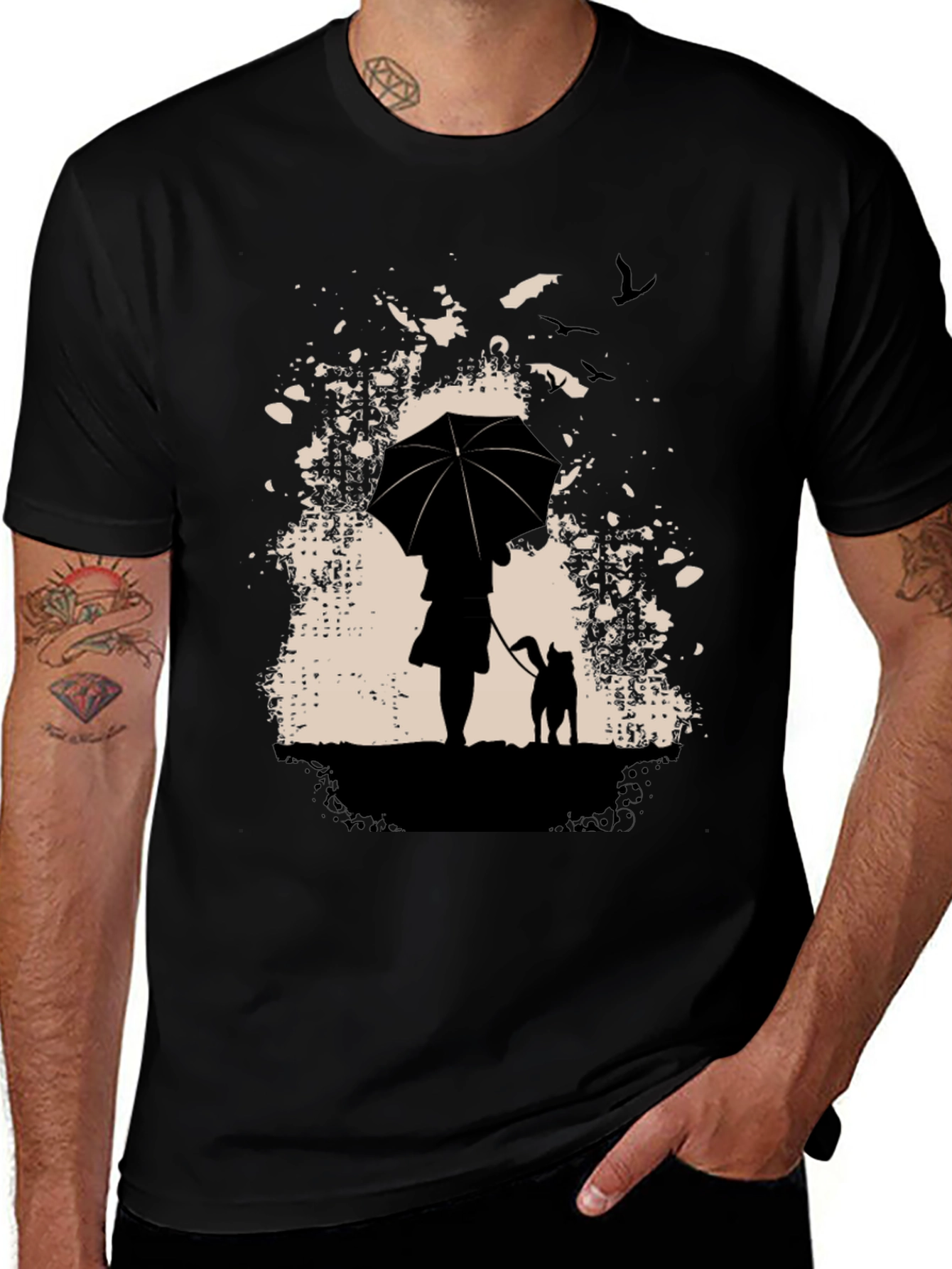 Variant 22 of Rainy Day Walk T-Shirt - Umbrella & Dog Silhouette