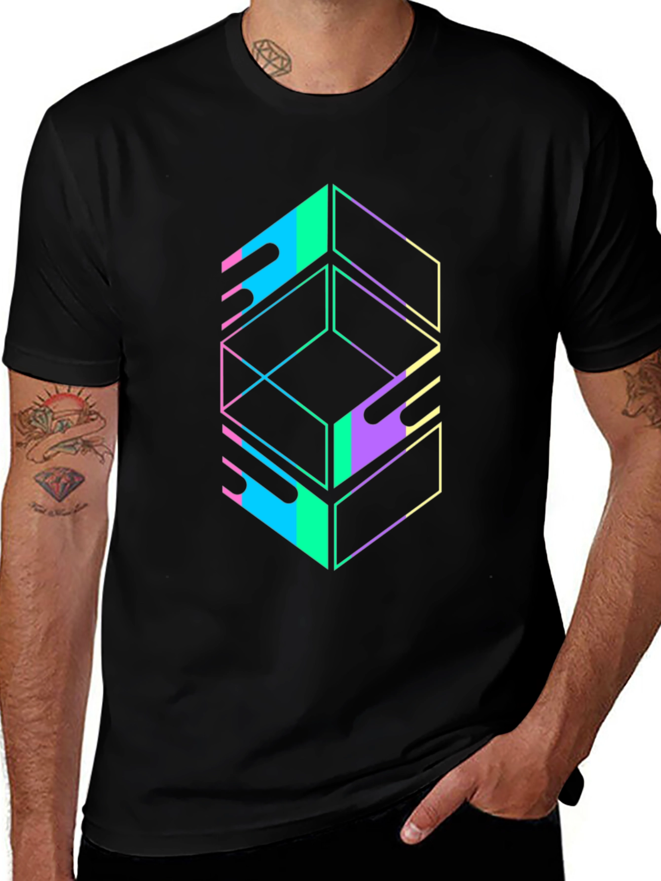Variant 20 of Geometric Graphic Tee - Retro Style Black T-Shirt