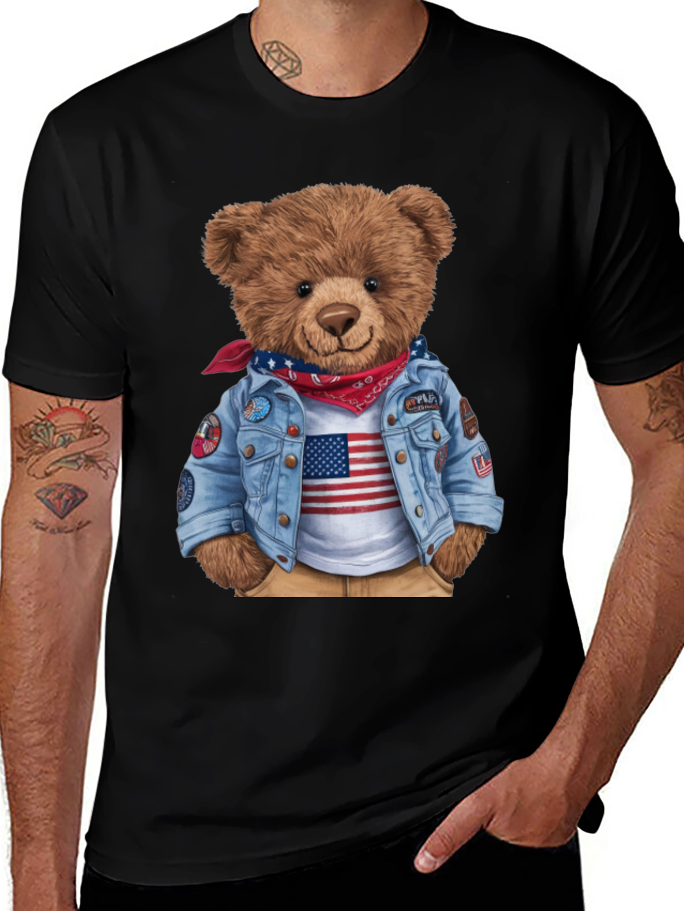 Variant 21 of Teddy Bear USA Flag Denim Jacket T-Shirt