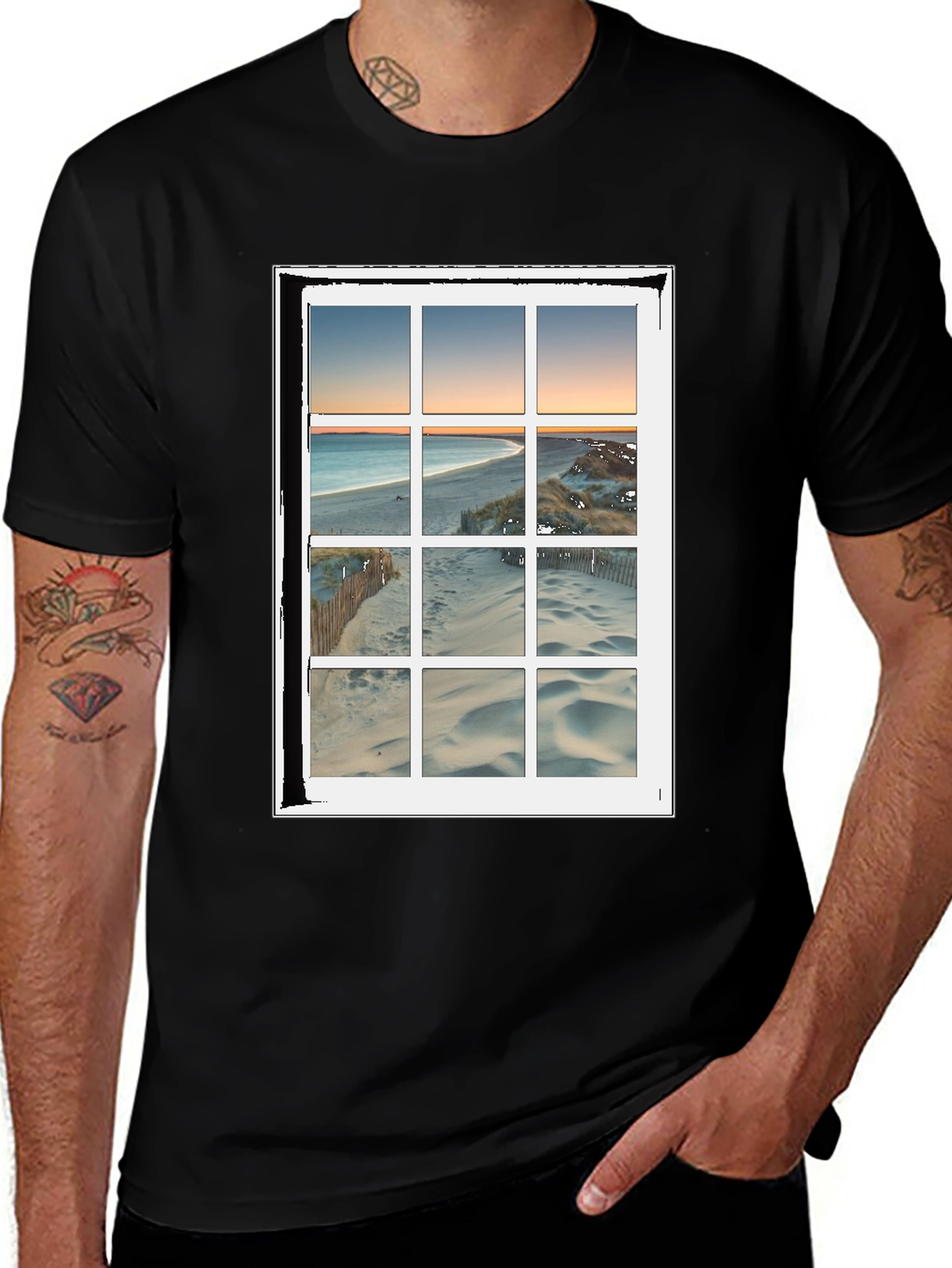 Variant 30 of Beach View Through Window T-Shirt - Black