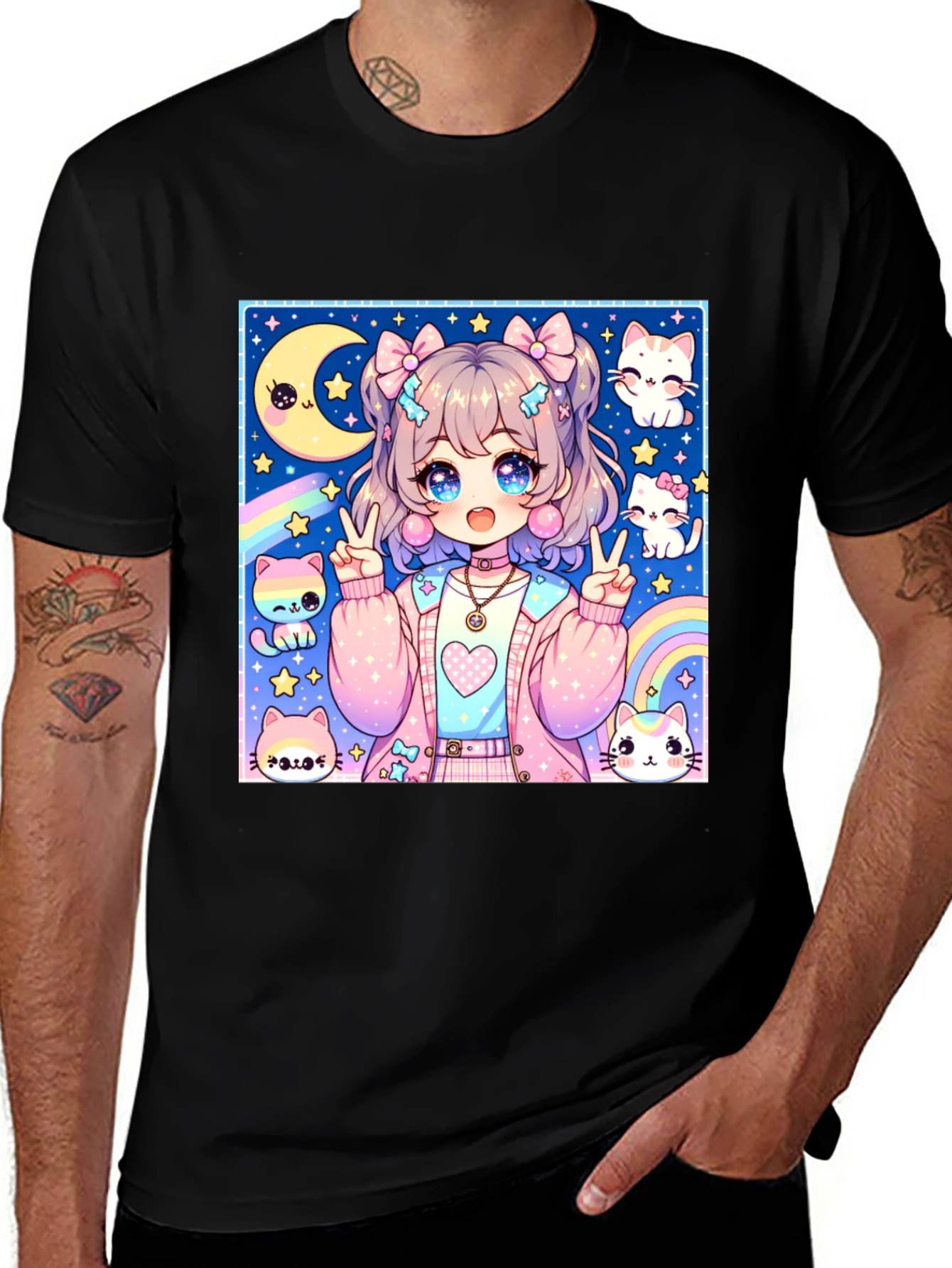 Variant 4 of Anime Girl & Cats Graphic Print Black T-Shirt