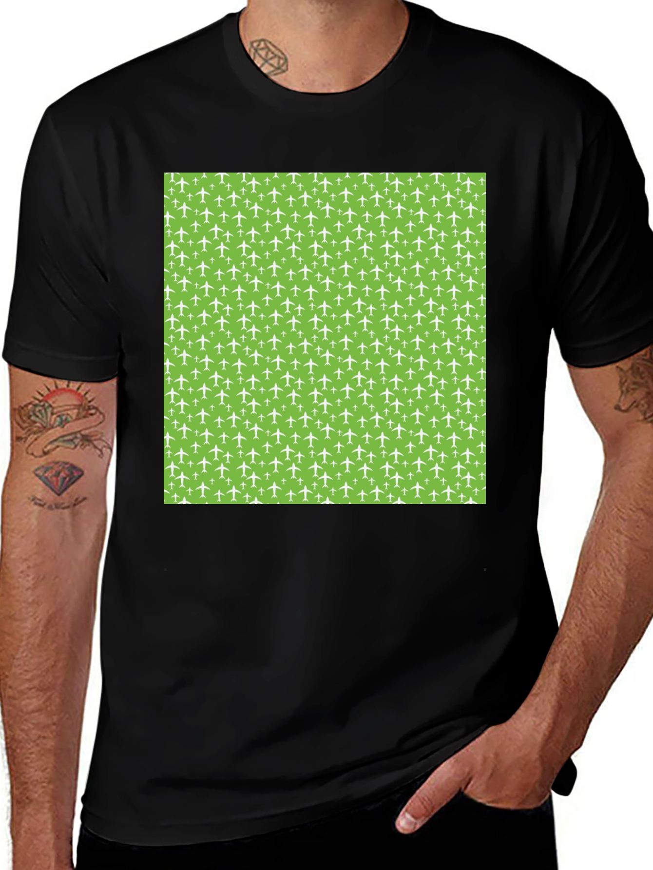 Variant 8 of Airplane Pattern T-Shirt - Black Cotton Tee