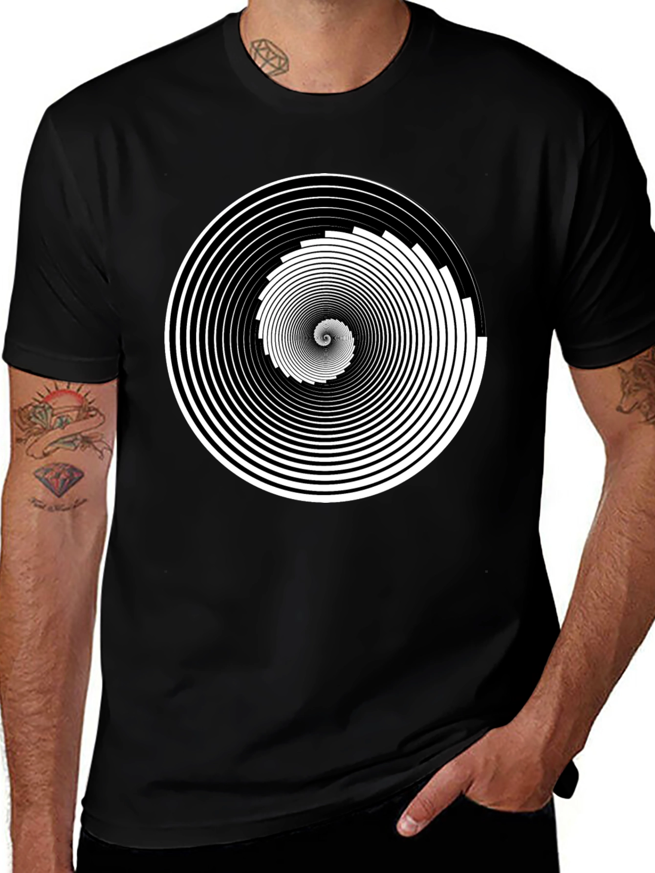 Variant 7 of Hypnotic Spiral Graphic Tee - Black Cotton Crew Neck