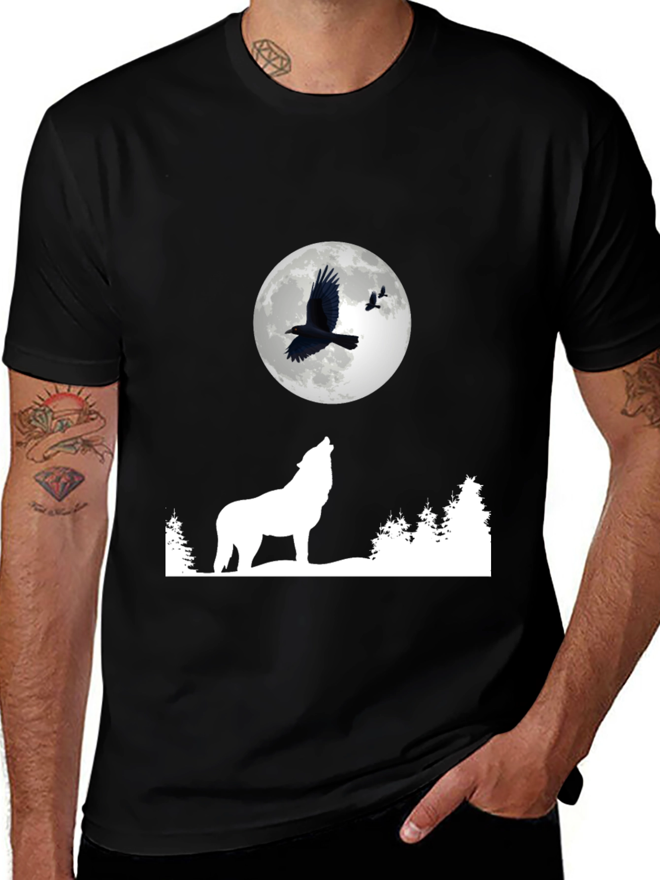 Variant 17 of Wolf Moon Raven Graphic Tee - Black