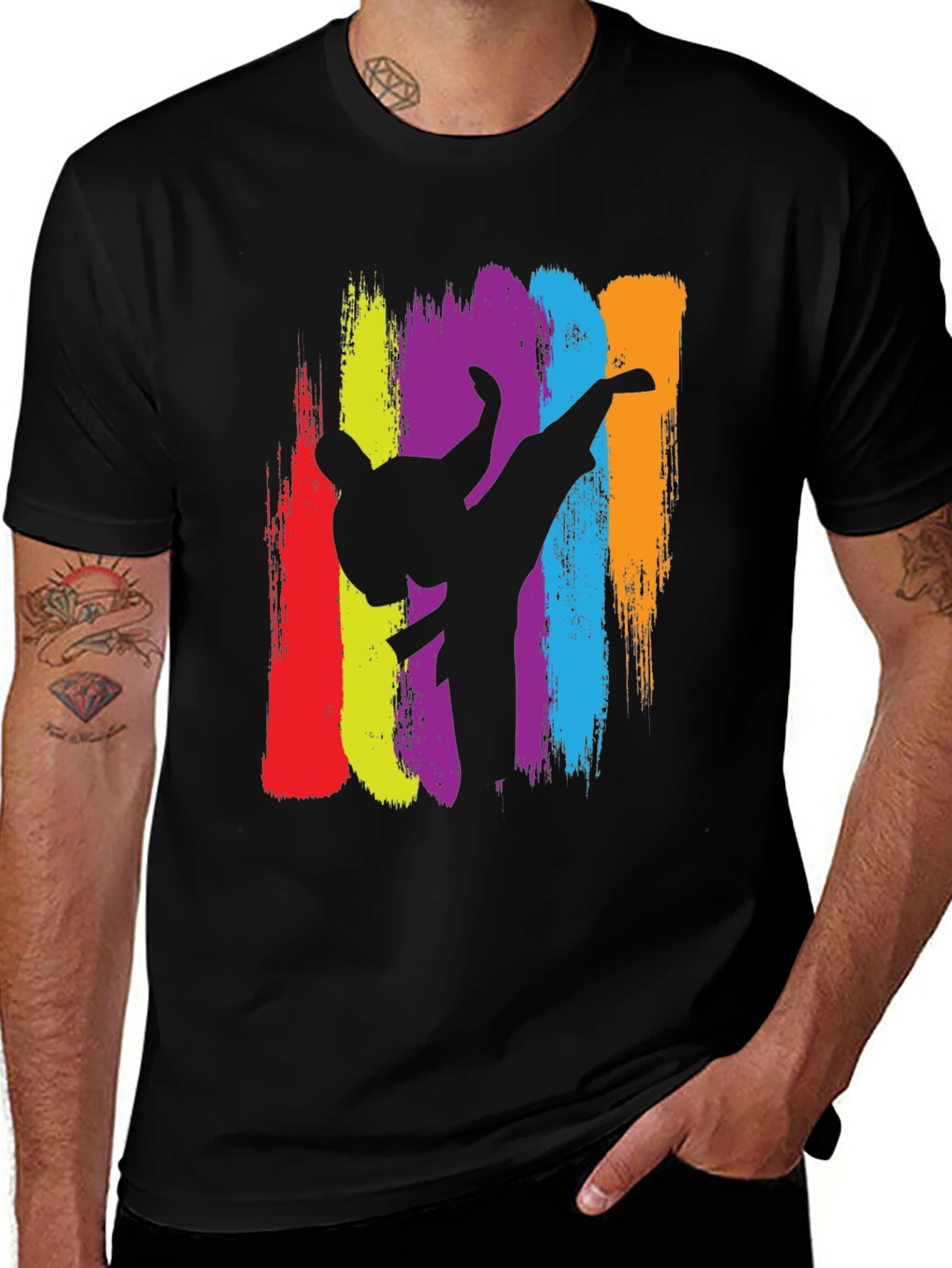 Variant 4 of Karate Kick T-Shirt: Black, Colorful Brush Strokes Design