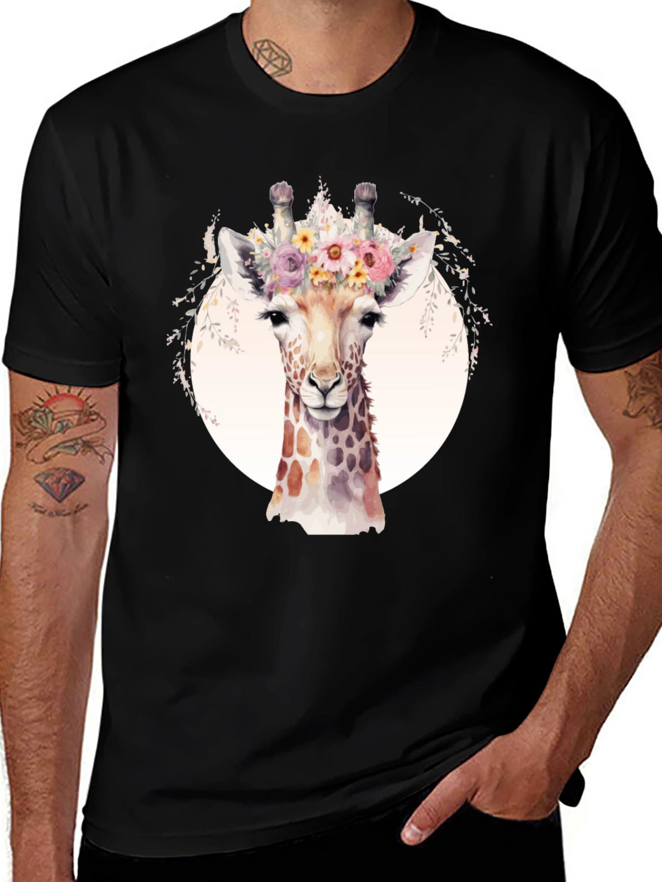 Variant 28 of Giraffe Floral Crown Black T-Shirt