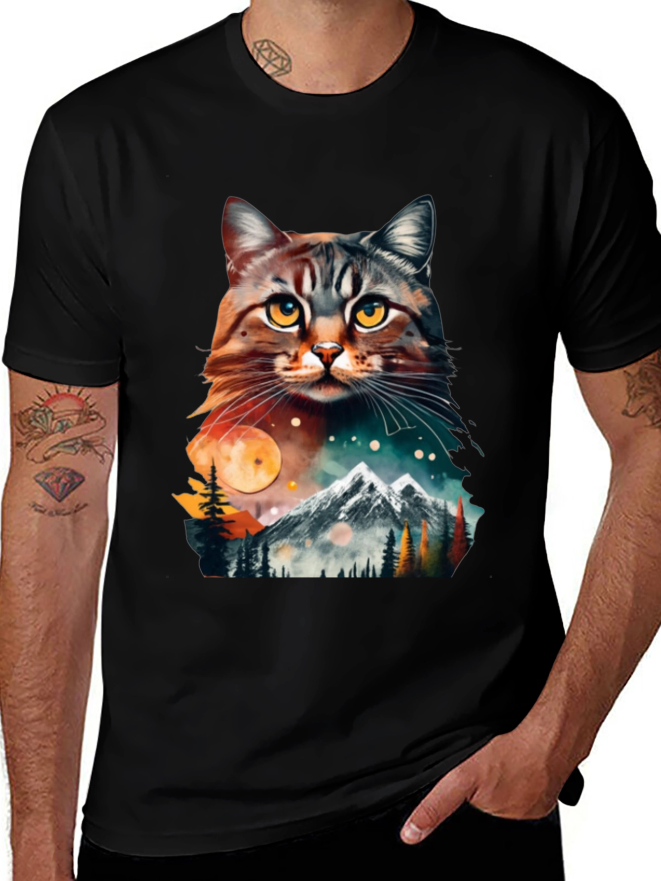 Black Cat & Mountain Graphic Tee - Unique Nature Design main image