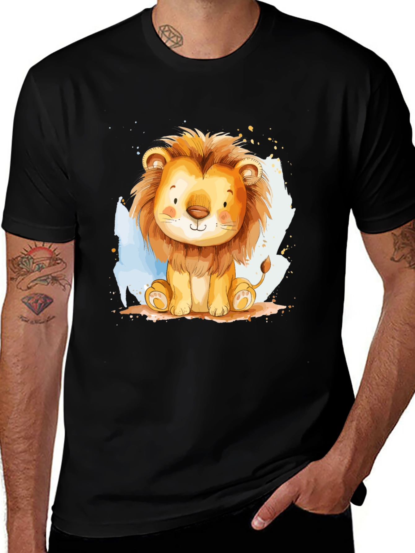Black Cute Lion Graphic Tee - Black Cotton T-Shirt main image