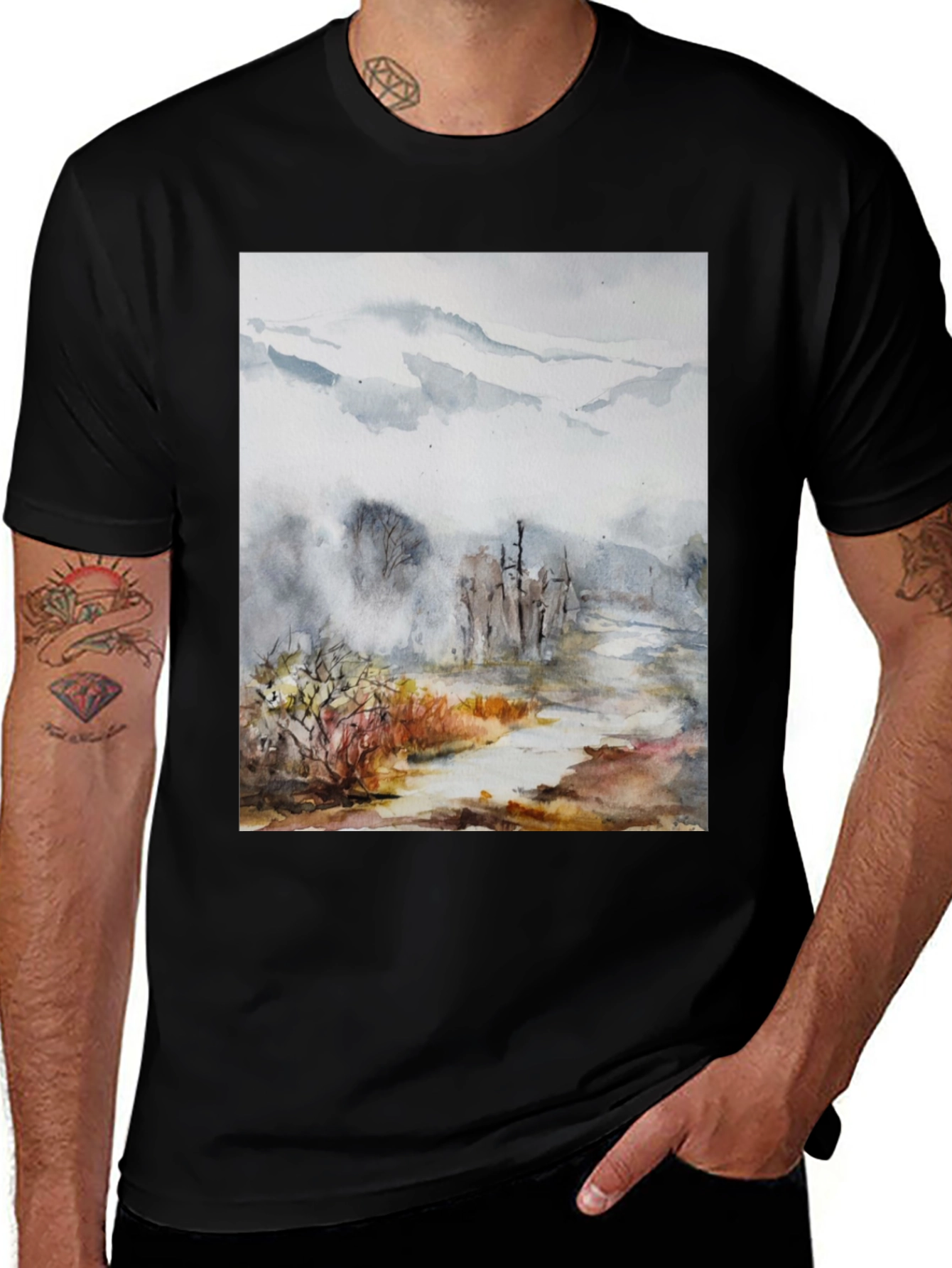 Variant 16 of Watercolor Landscape Print Black Tee