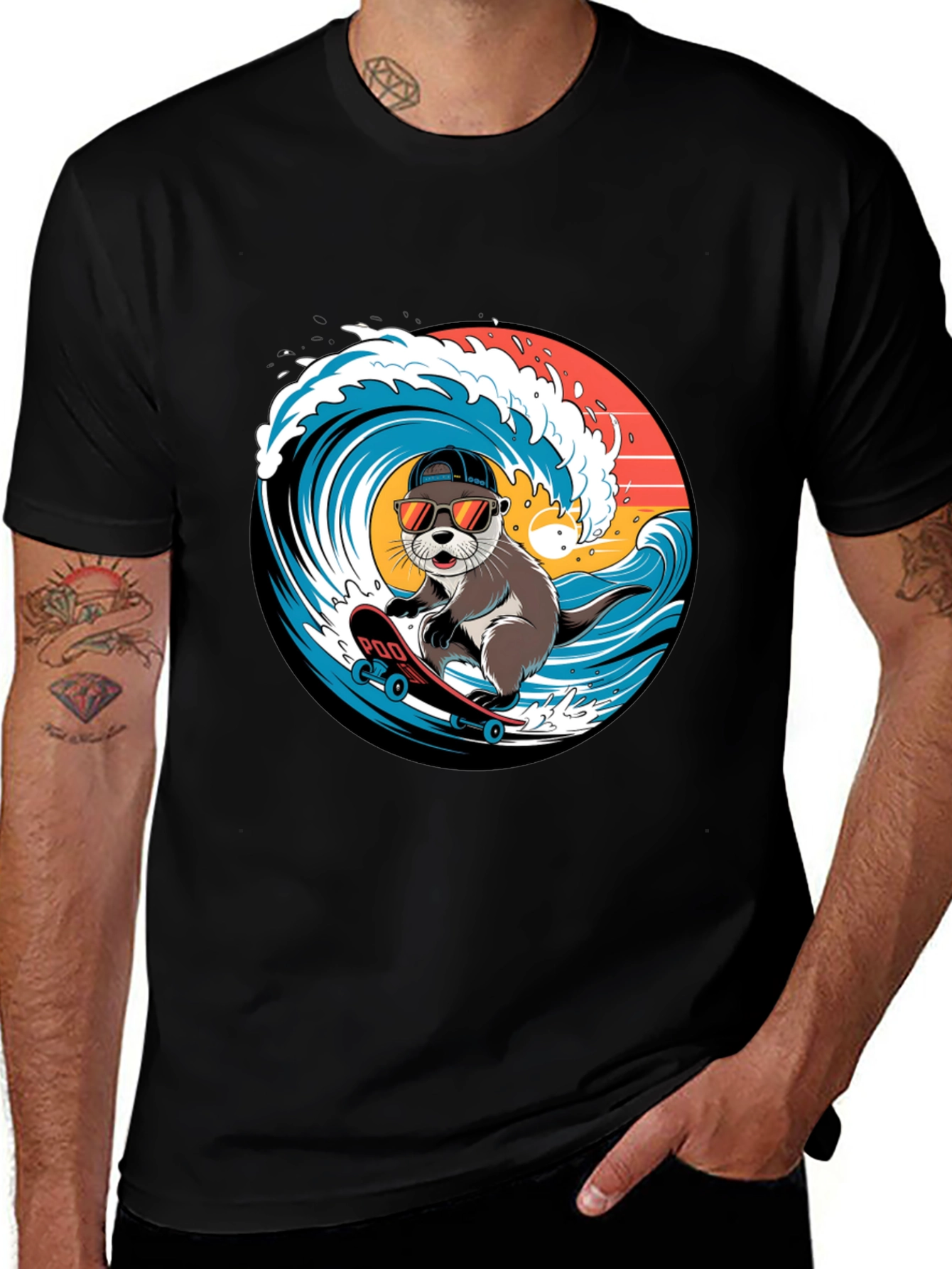 Variant 13 of Cool Otter Skateboarder Graphic Tee