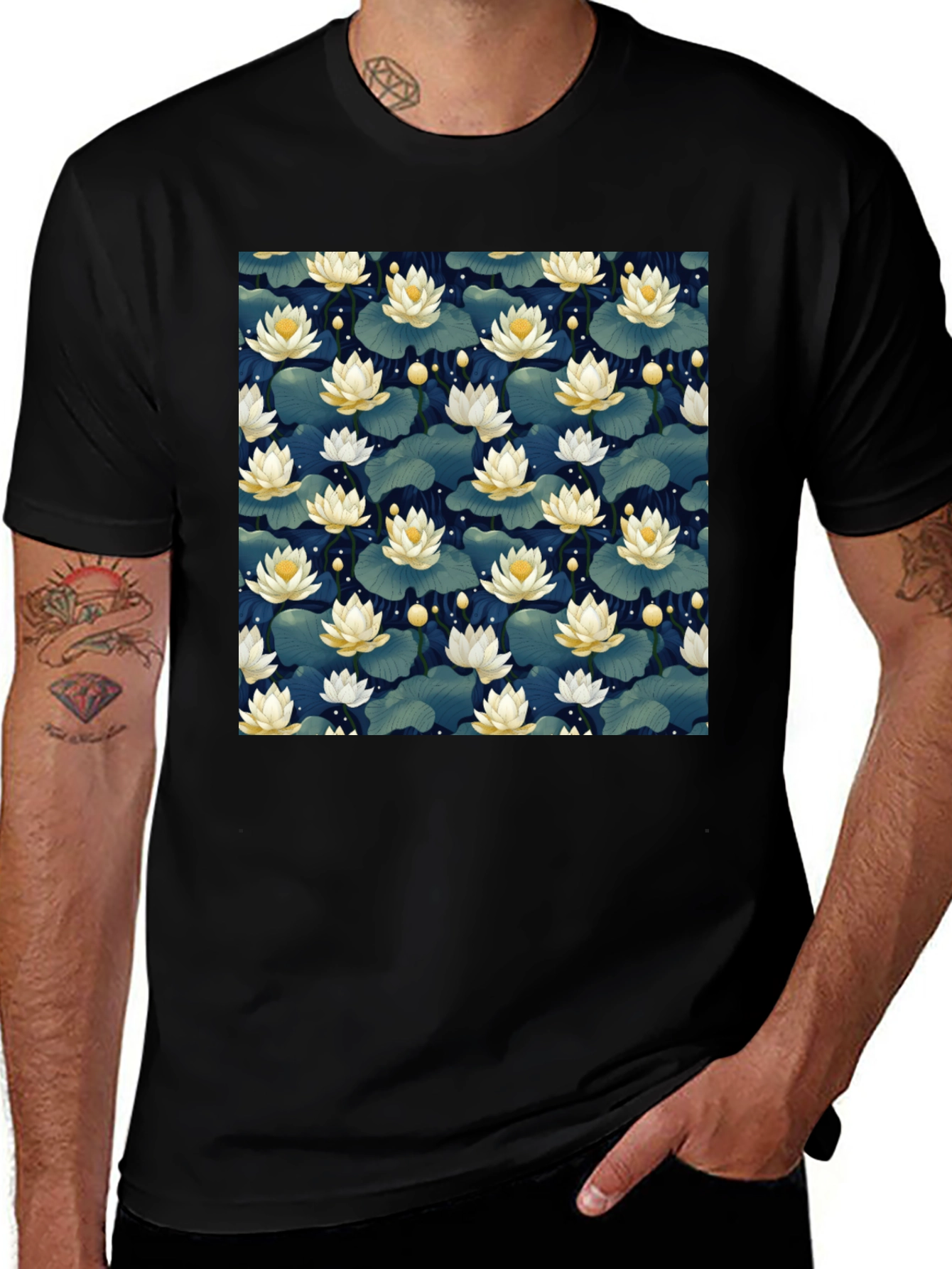 Variant 9 of Lotus Pattern T-Shirt - Stylish Black Tee