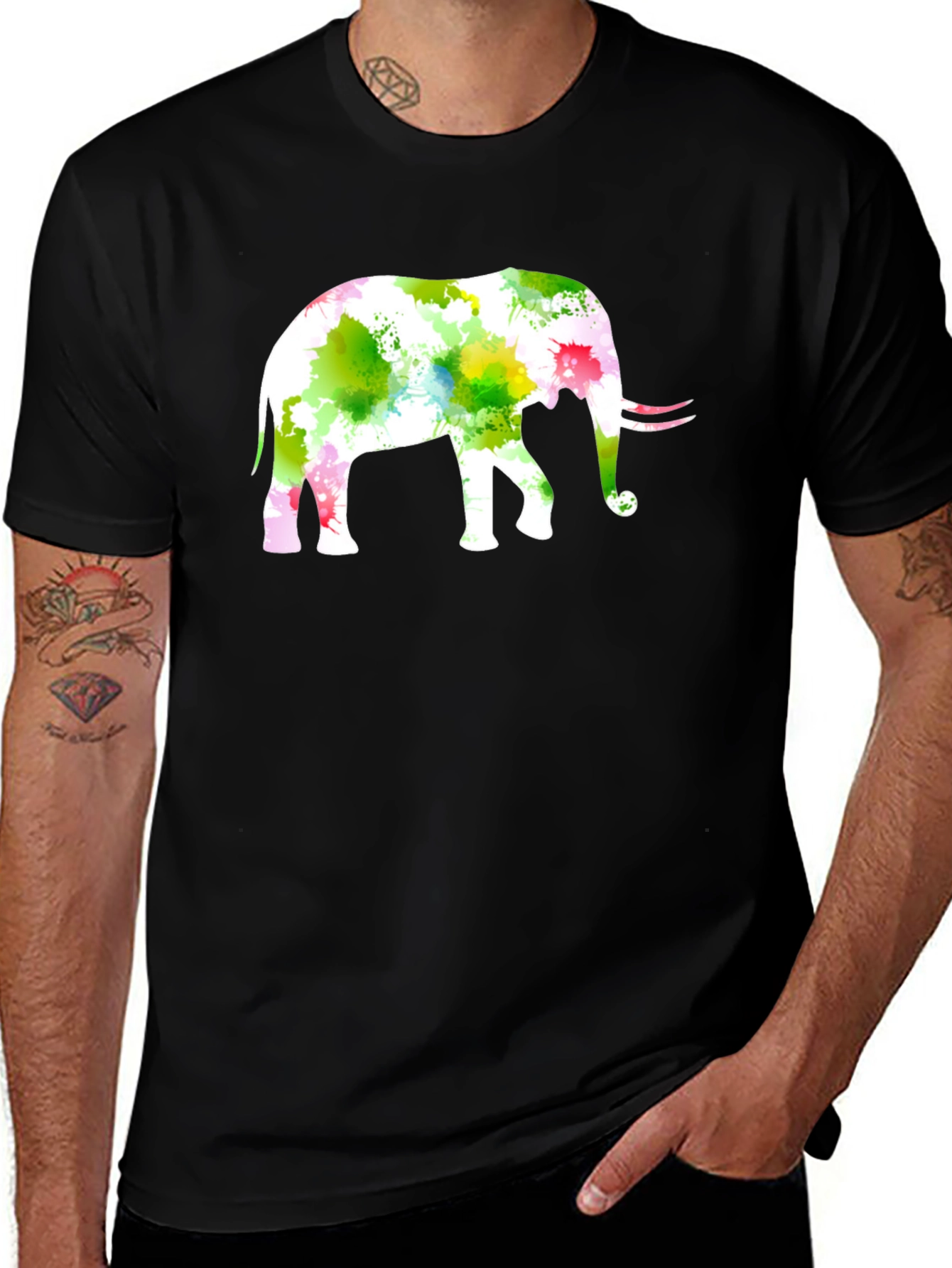 Variant 8 of Watercolor Elephant Print Black T-Shirt