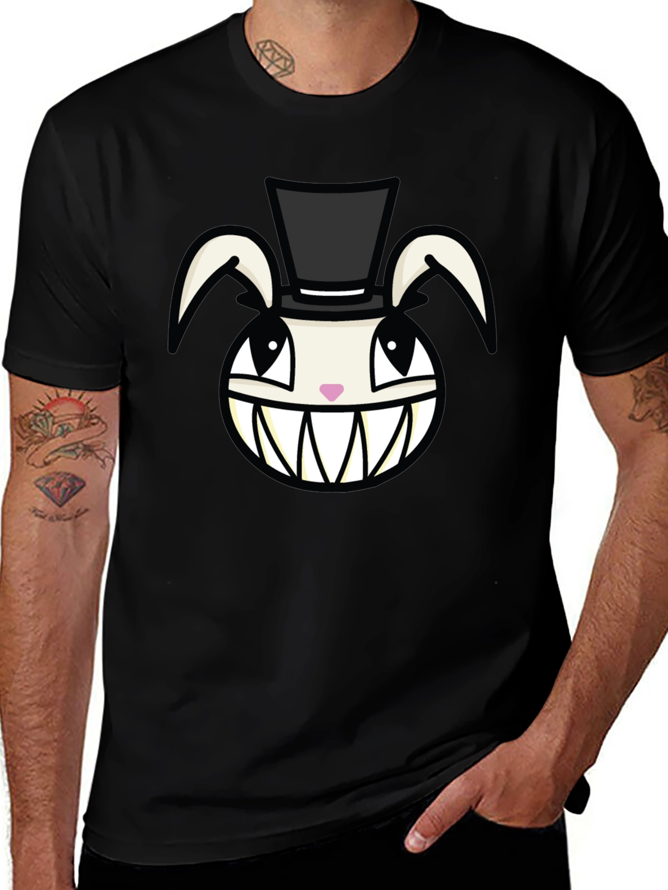 Variant 24 of Creepy Rabbit Top Hat Graphic Tee - Black