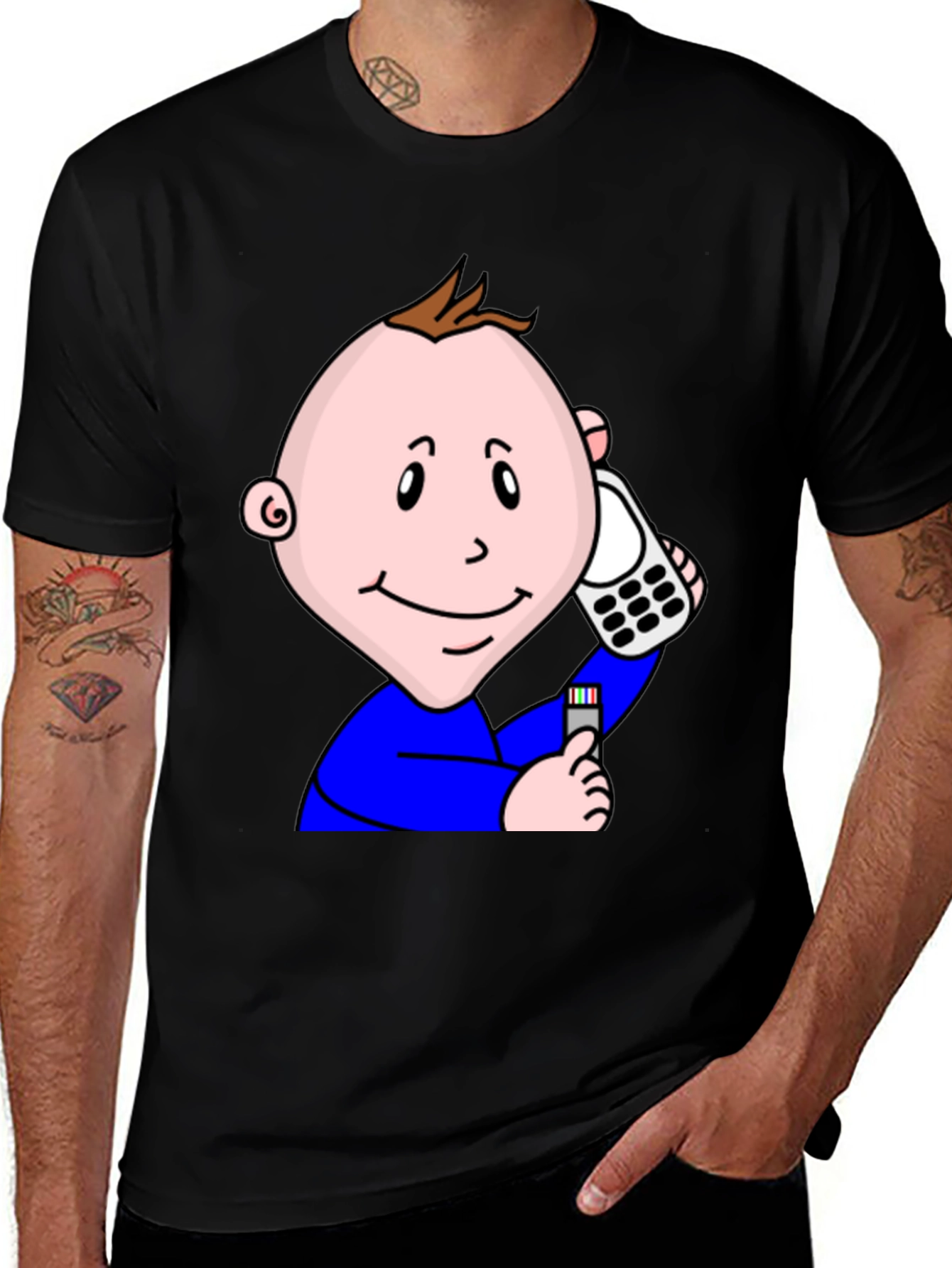 Cartoon Baby On Phone T-Shirt - Black Cotton Tee