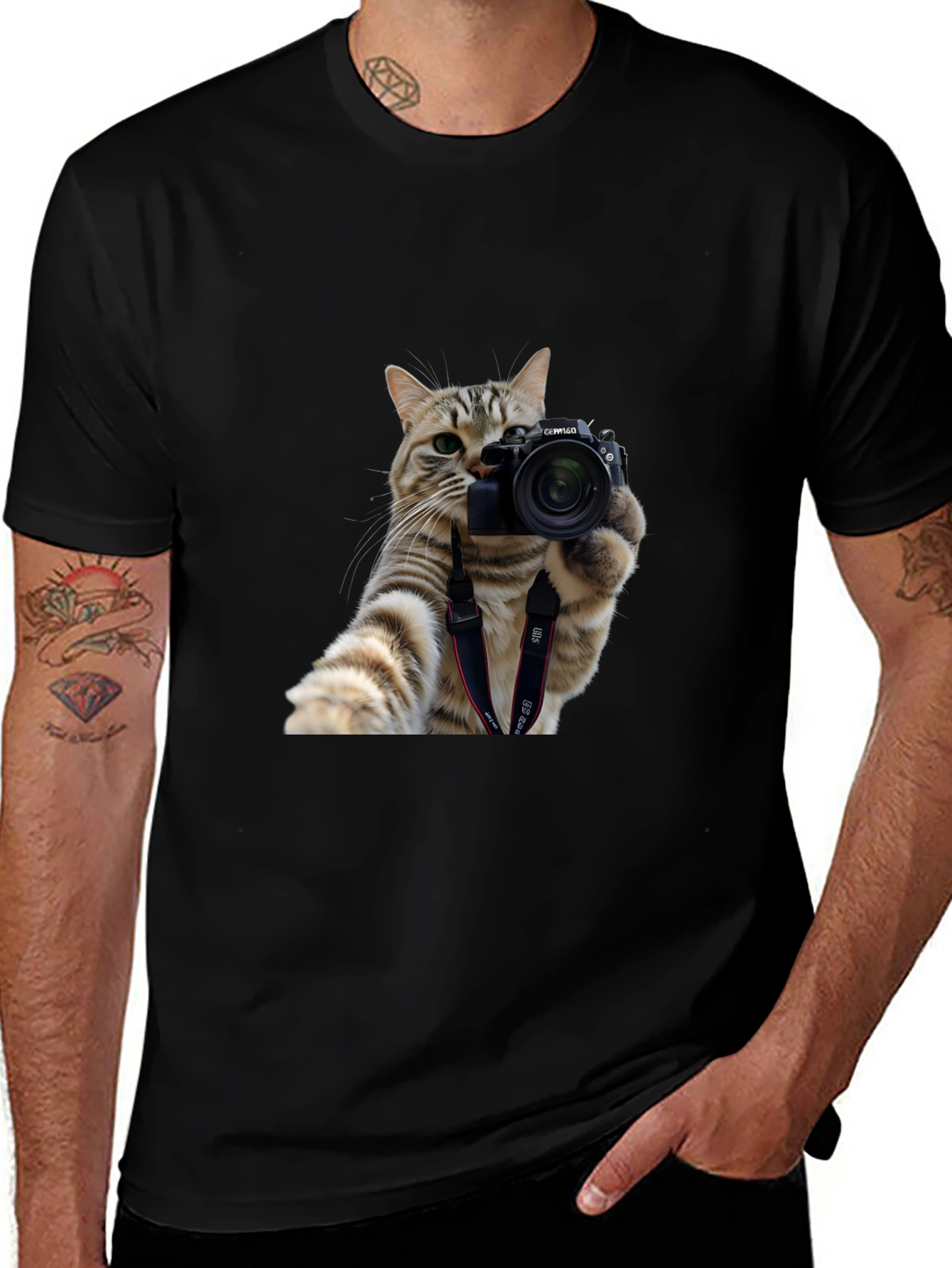 Variant 13 of Cat Photographer Graphic Tee - Black Cotton T-Shirt