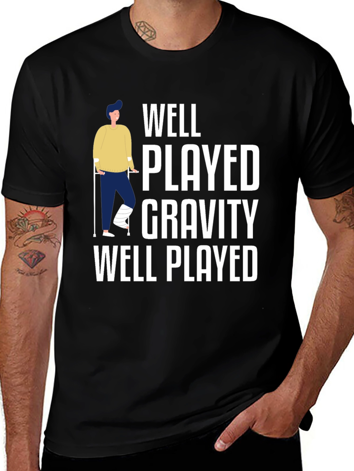 Black Well Played Gravity Funny Injury T-Shirt main image