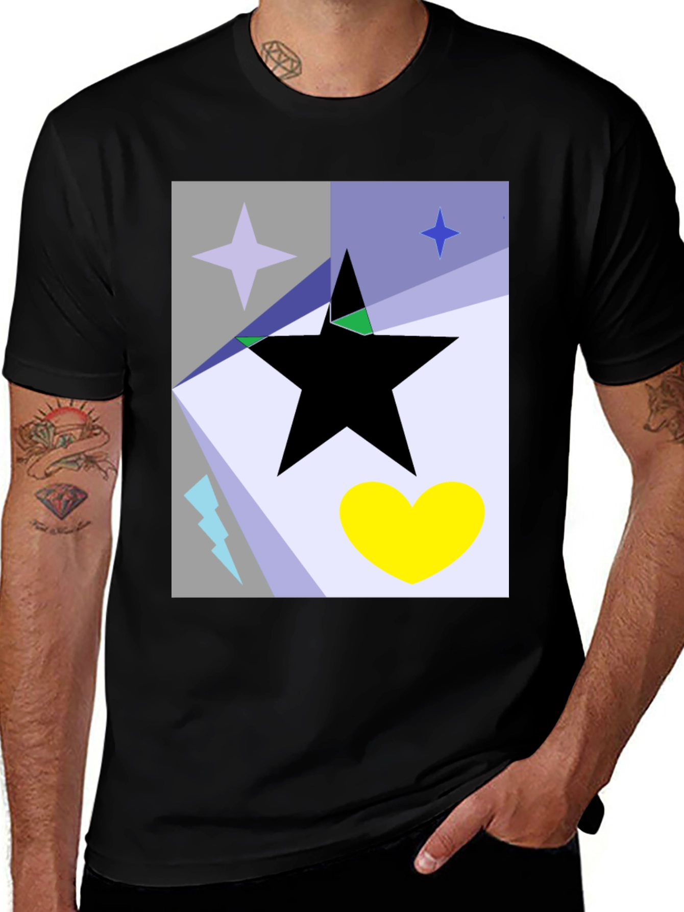 Variant 28 of Abstract Star Heart Graphic Tee - Black Cotton T-Shirt