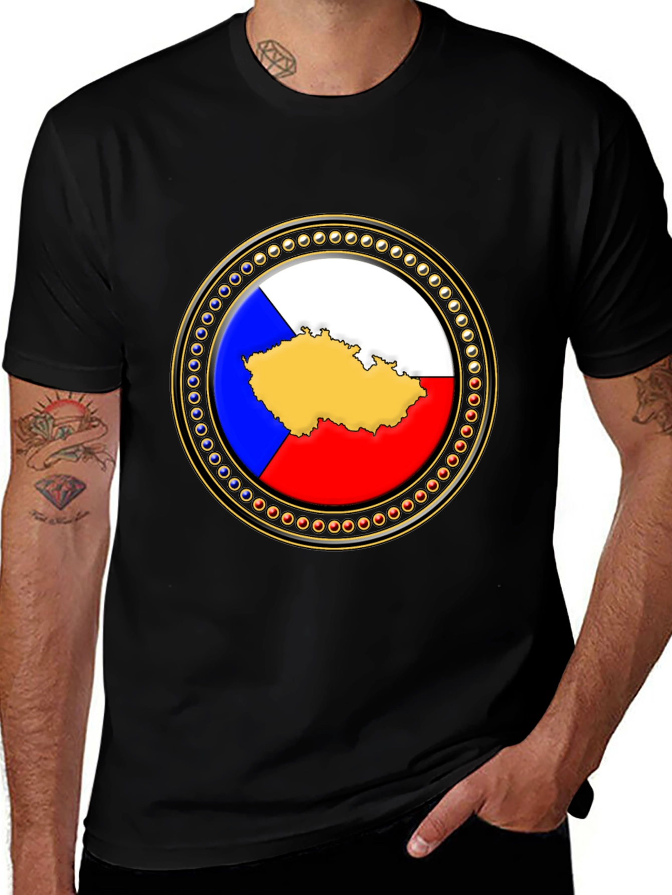 Czech Republic Flag Map T-Shirt - Black Cotton Tee