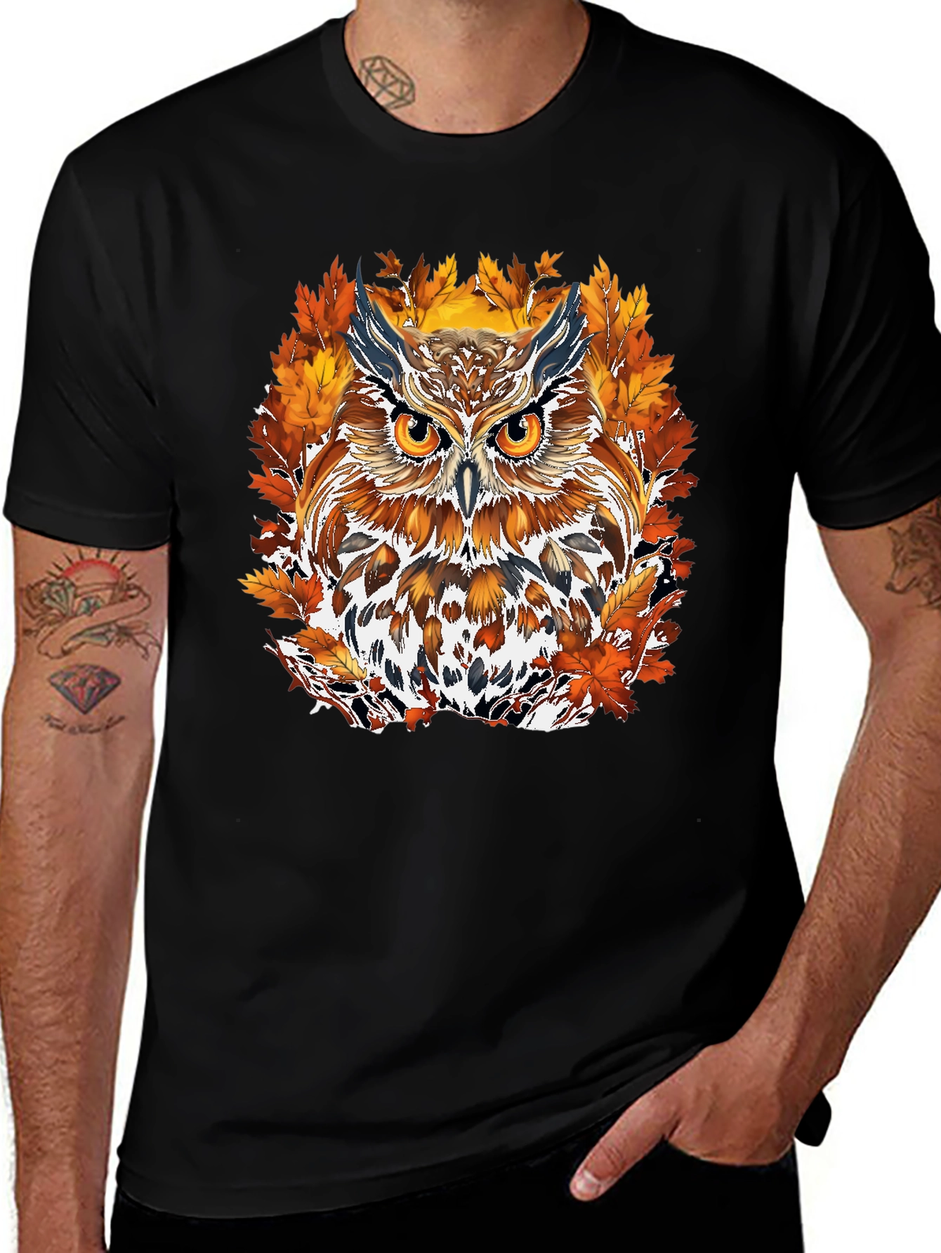 Variant 18 of Owl & Autumn Leaves Graphic Tee - Men's Black T-Shirt