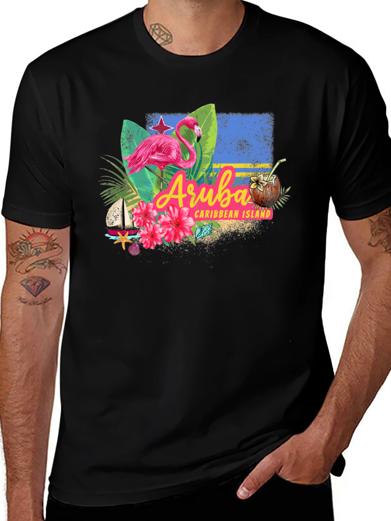 Aruba Caribbean Island Flamingo Black T-Shirt