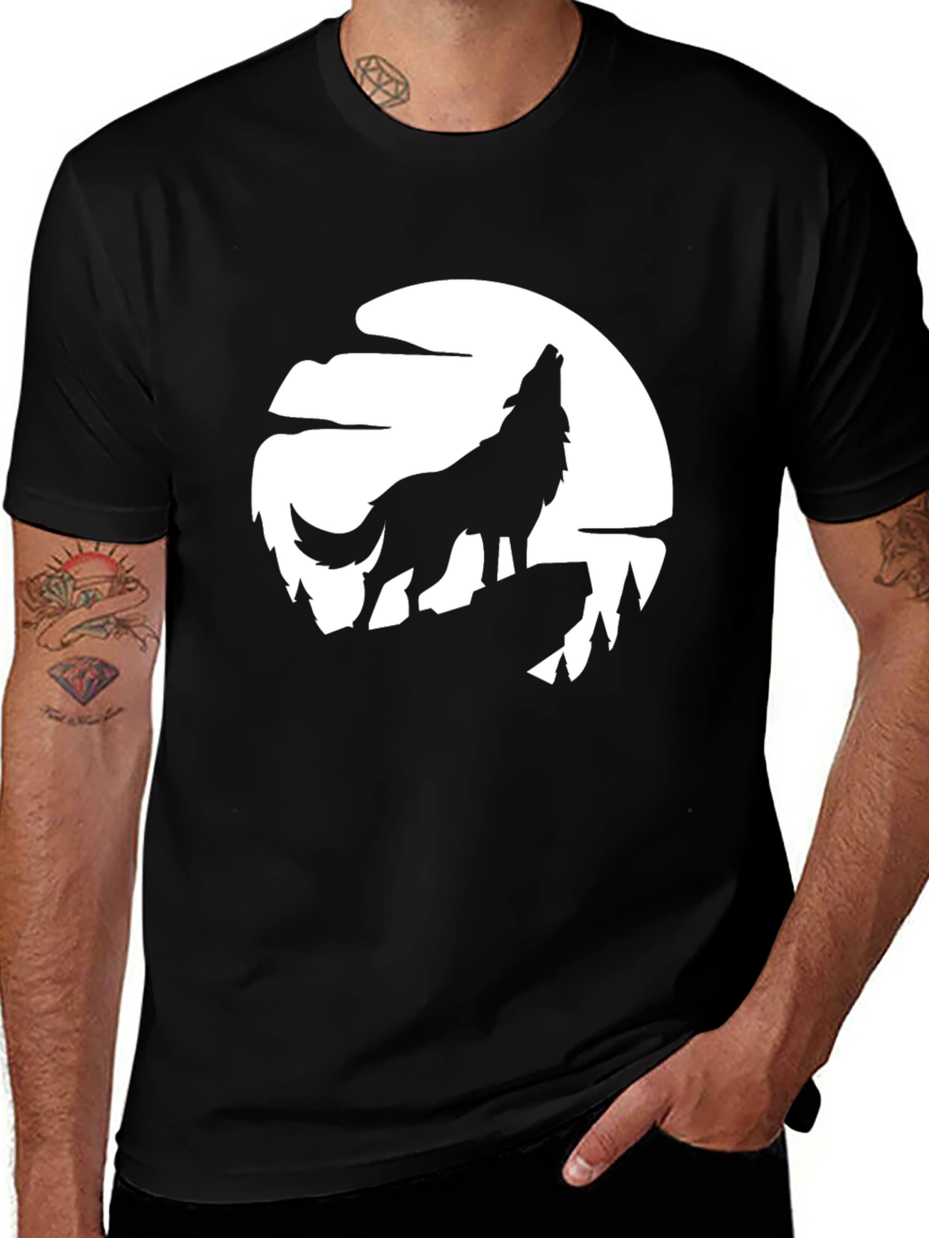 Variant 6 of Wolf Howling Moon Graphic Tee - Black Cotton T-Shirt