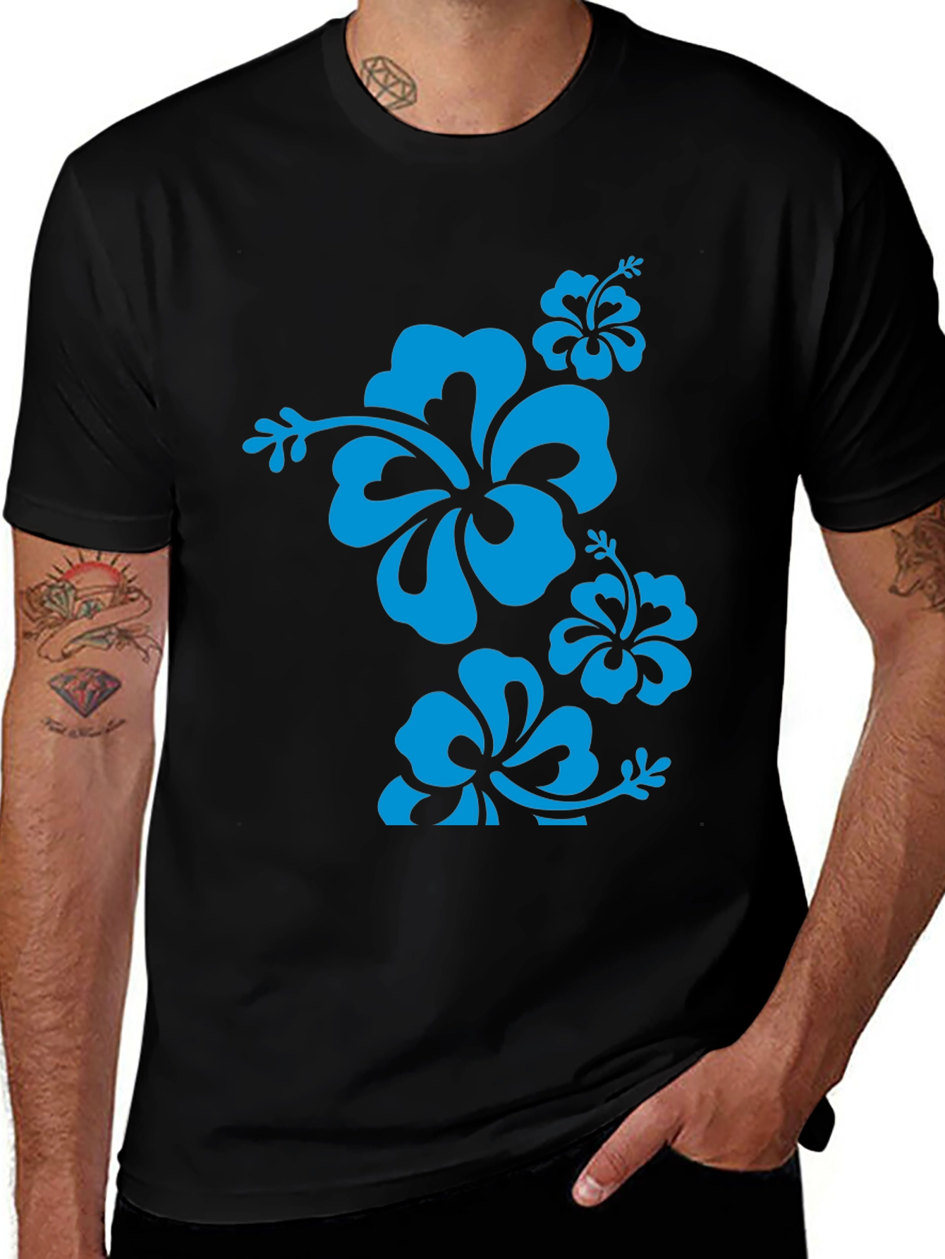 Variant 25 of Blue Hibiscus Flower Black T-Shirt