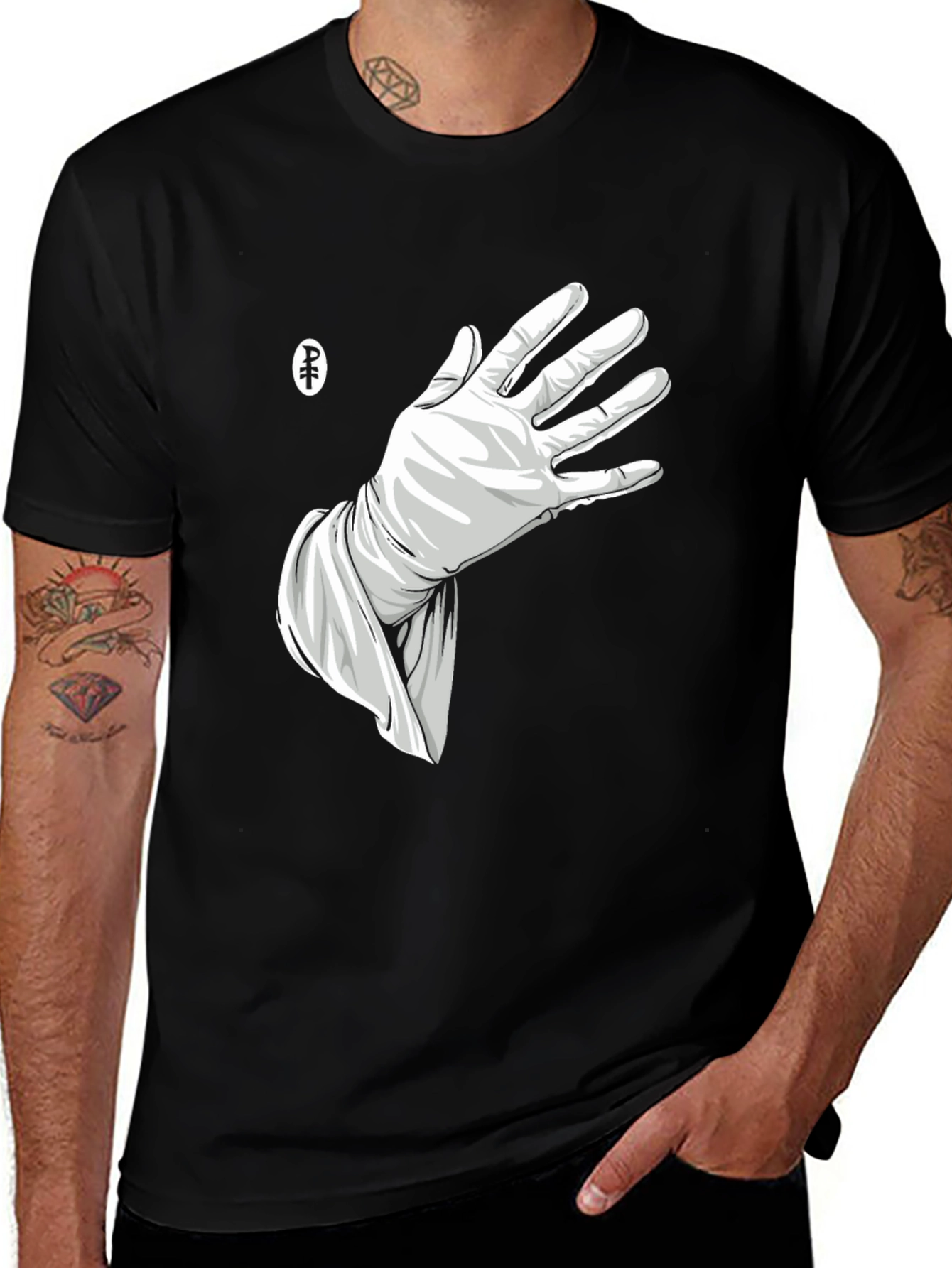 Variant 13 of Graphic T-Shirt: Hand in Glove Design - Black Cotton Tee