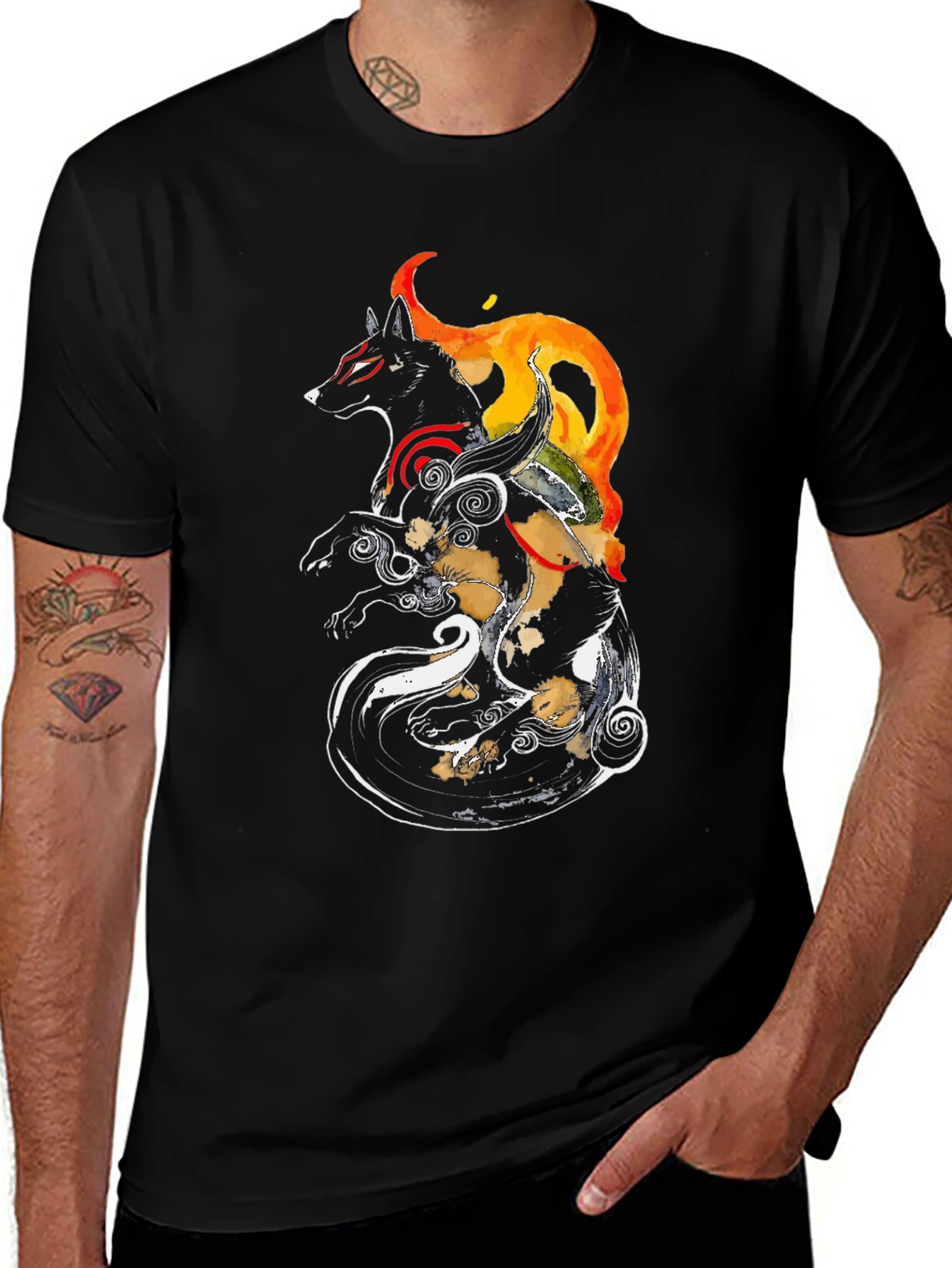 Variant 2 of Okami Inspired Black Graphic Tee - Anime Wolf Shirt