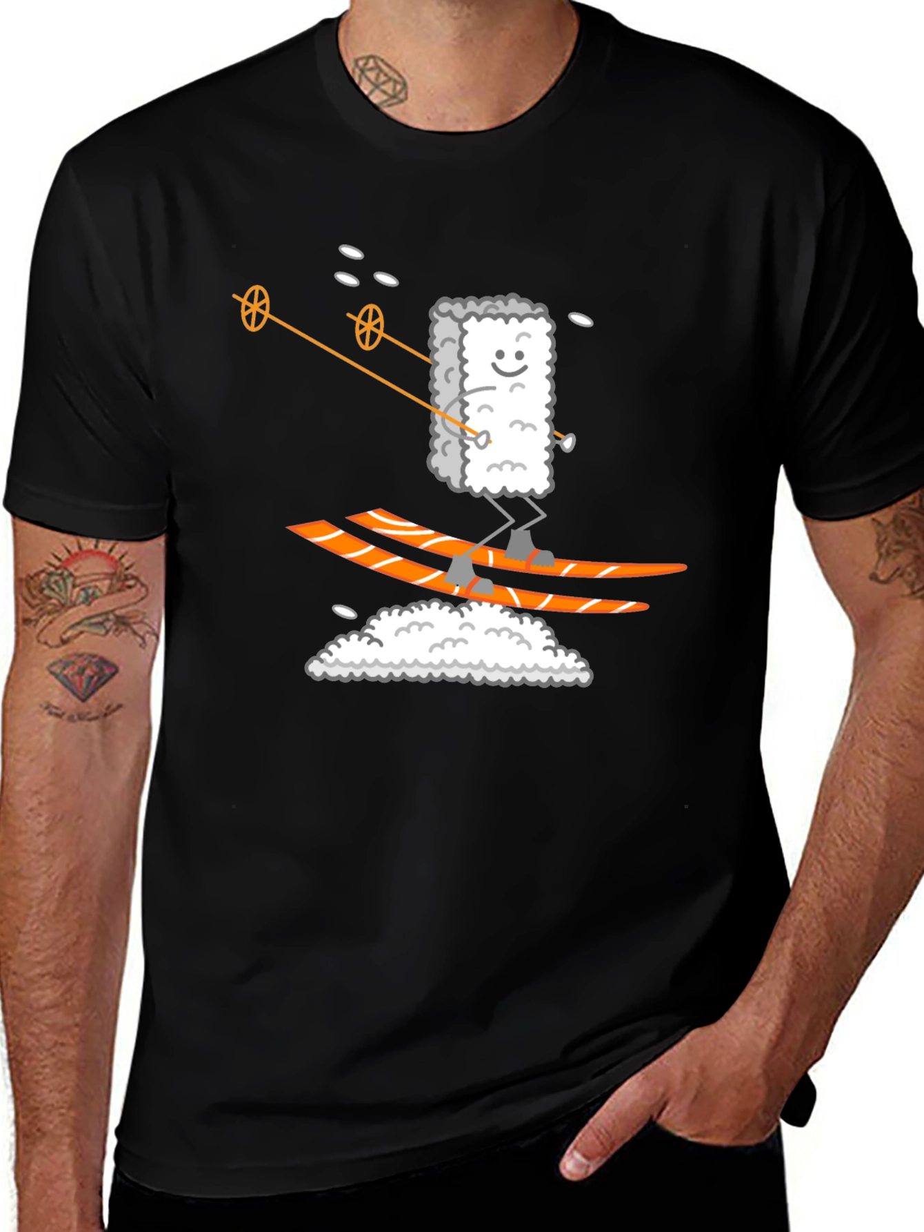 Variant 14 of Sushi Skier Graphic Tee - Black Cotton T-Shirt