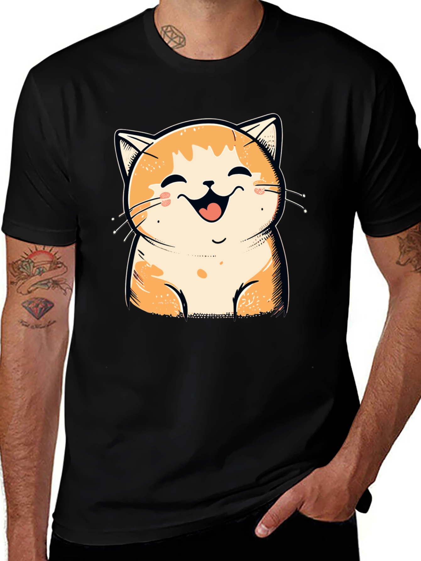 Variant 16 of Smiling Cat Graphic Tee - Black Cotton T-Shirt