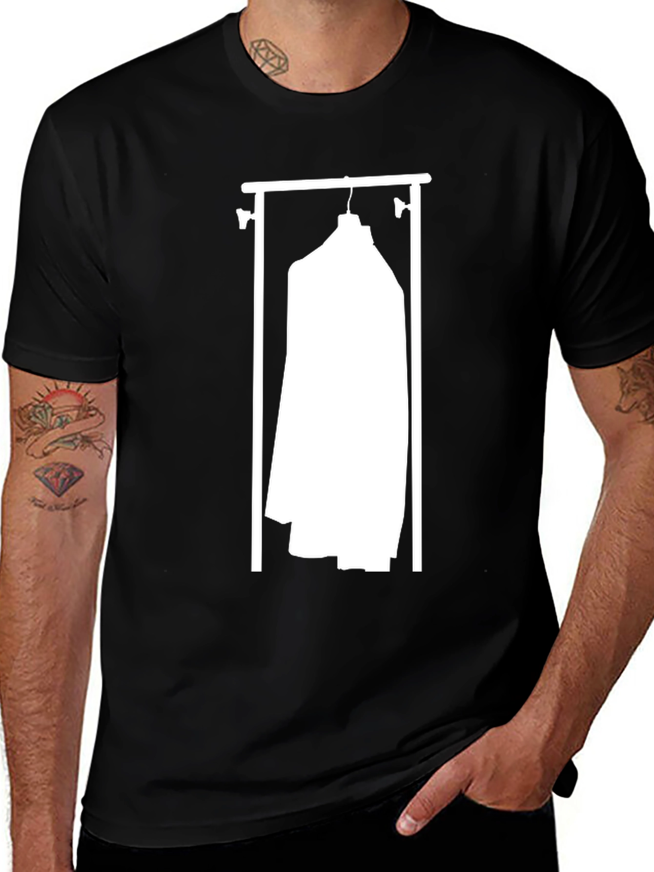 Variant 11 of Suit on Rack Graphic Tee - Mens Black Cotton T-Shirt