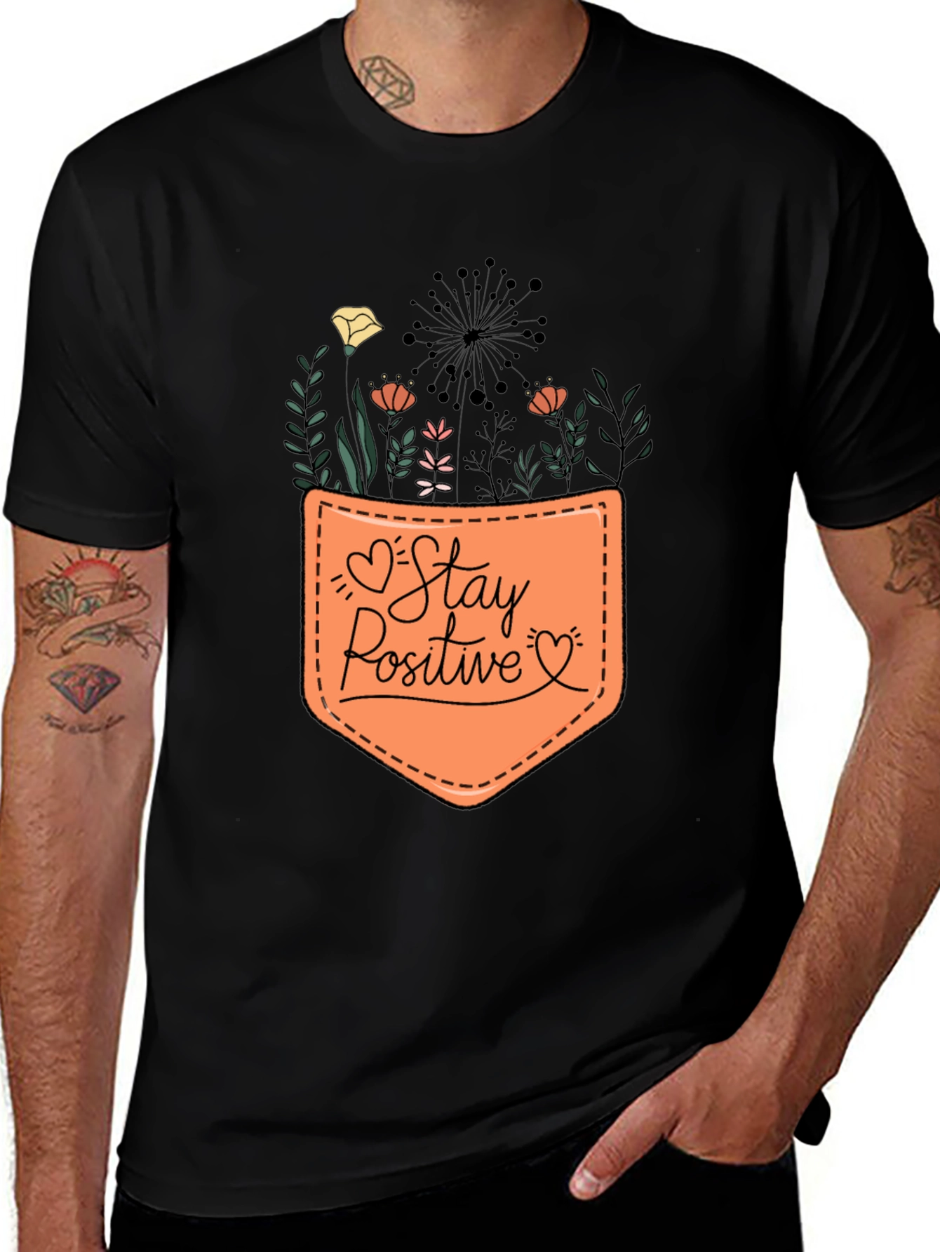Variant 17 of Stay Positive Floral Pocket Tee - Black Graphic T-Shirt