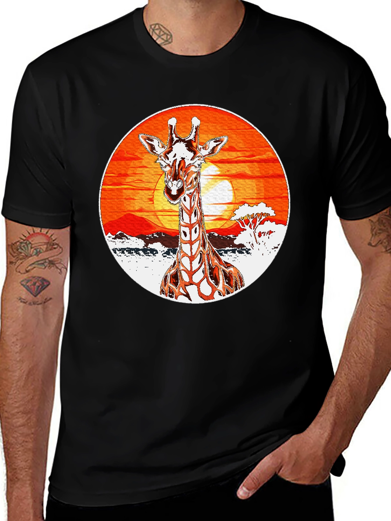 Variant 19 of Giraffe Sunset Graphic T-Shirt - Black Cotton Tee