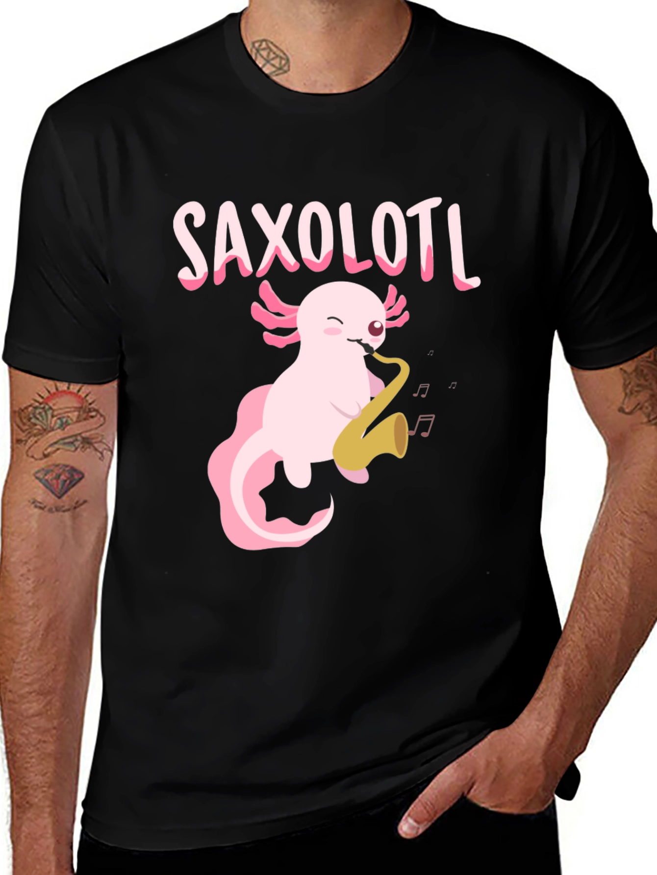 Black Saxolotl T-Shirt - Axolotl Playing Saxophone Tee main image