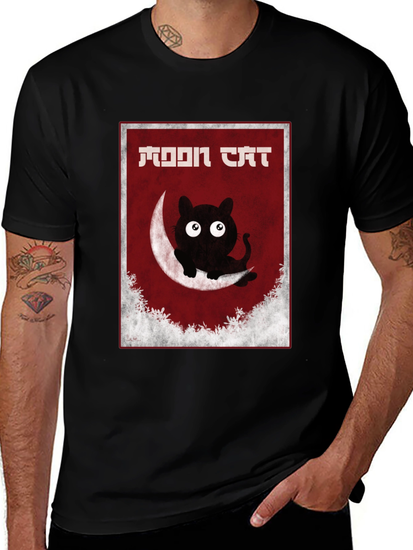 Moon Cat Graphic Tee - Black Cotton T-Shirt