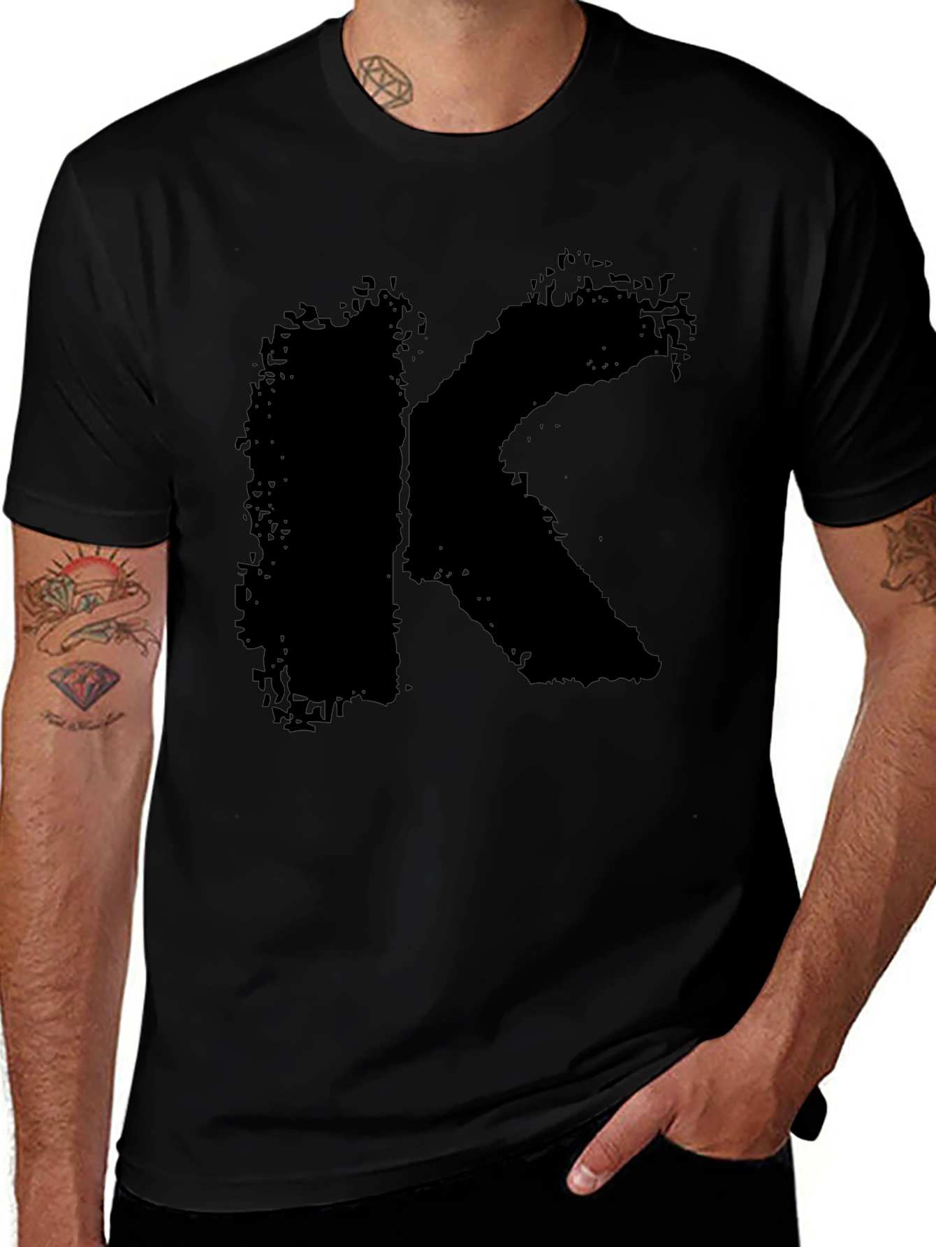 Black T-Shirt with Distressed Letter "K" Graphic