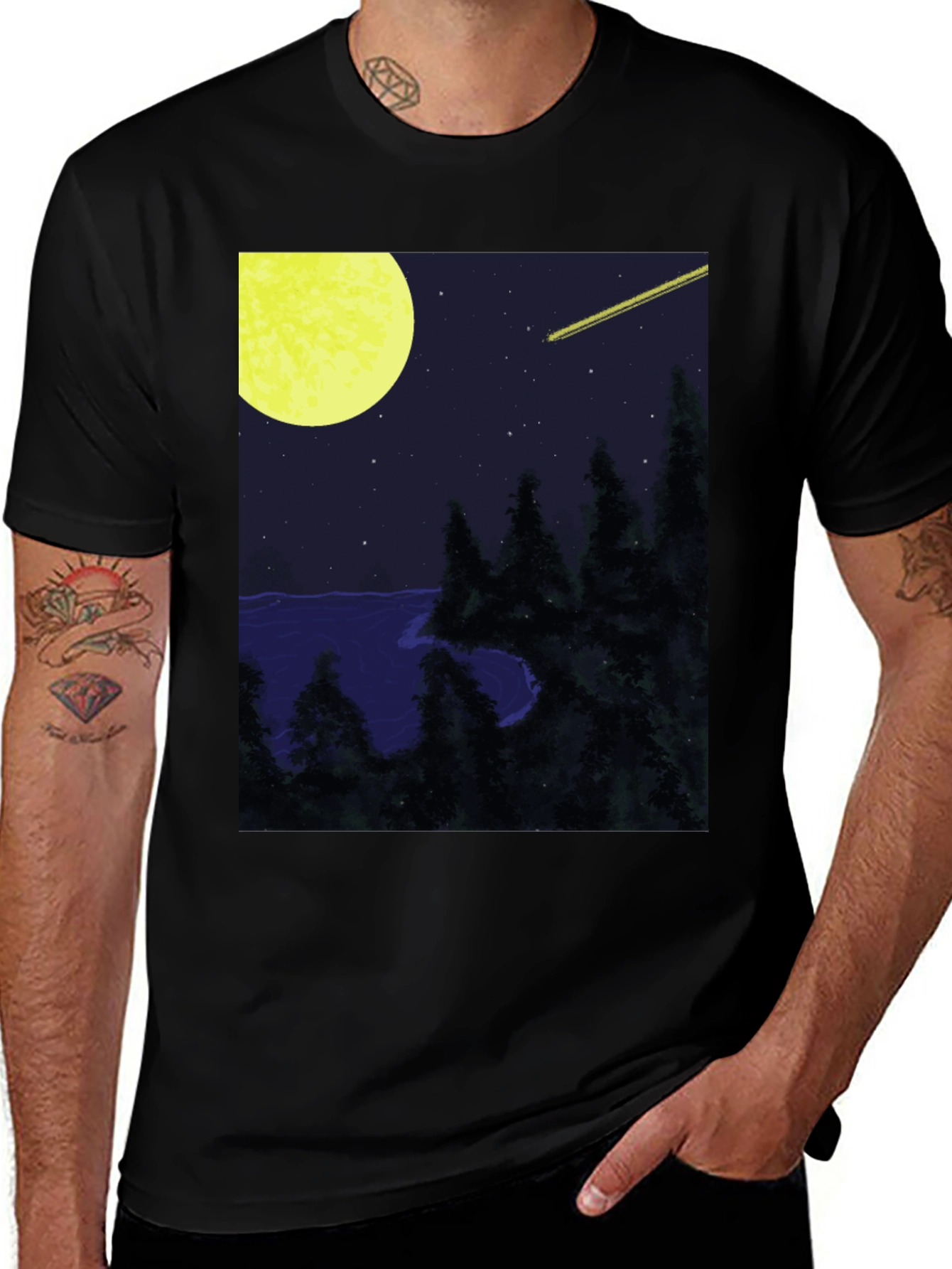 Nightscape T-Shirt - Moon, Stars, and Shooting Star Design