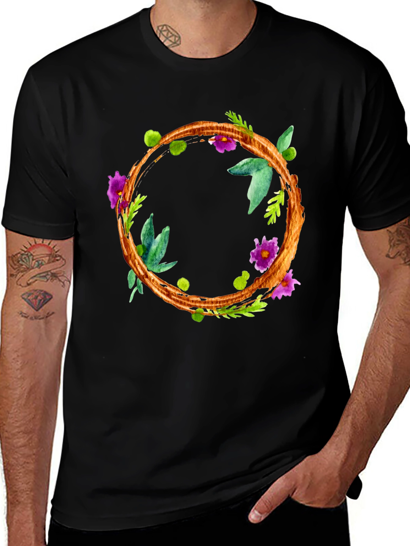Variant 29 of Floral Wreath Graphic Tee - Stylish Black T-Shirt