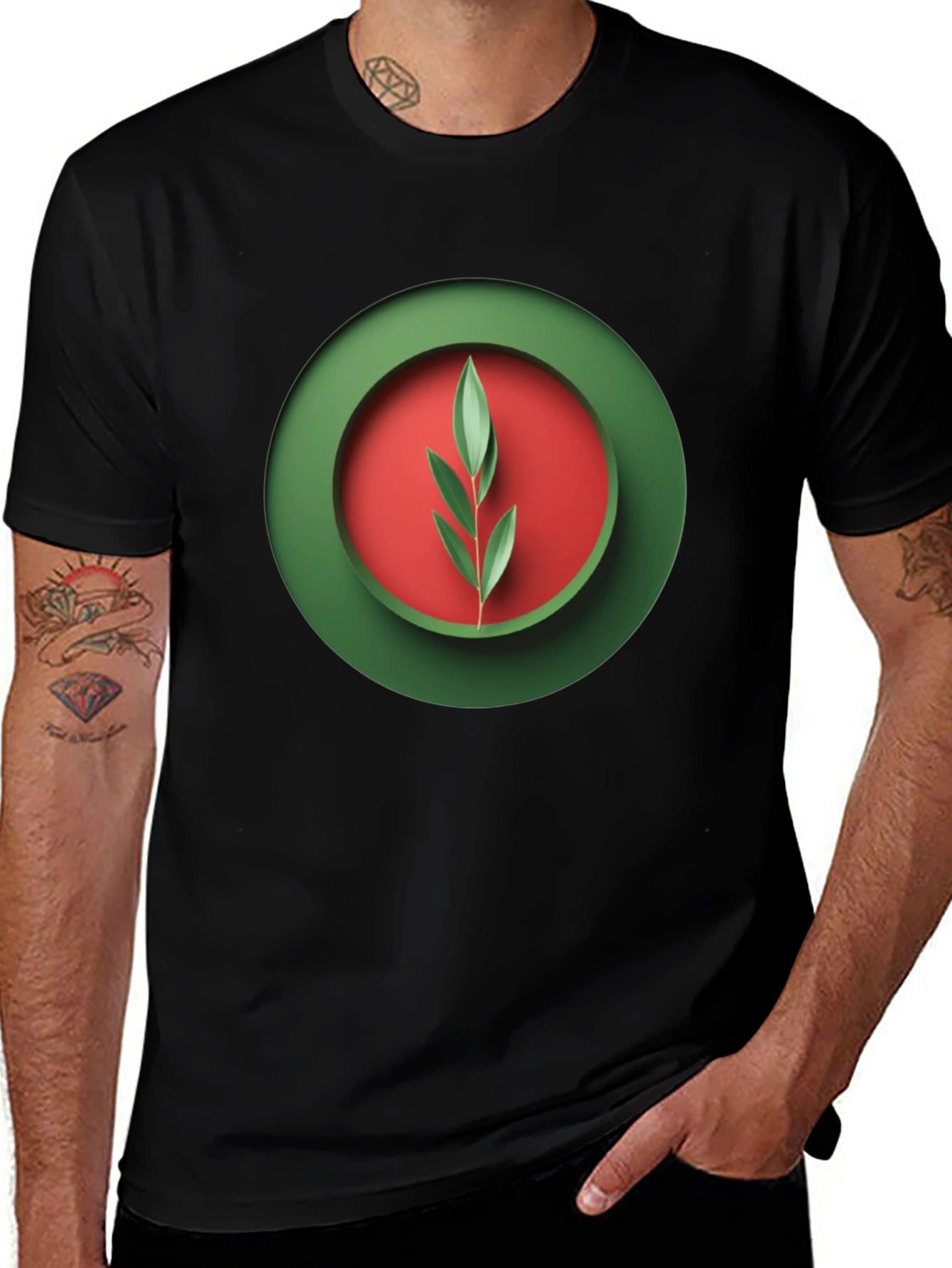Variant 25 of Nature Emblem Tee: Green Circle Leaf Design