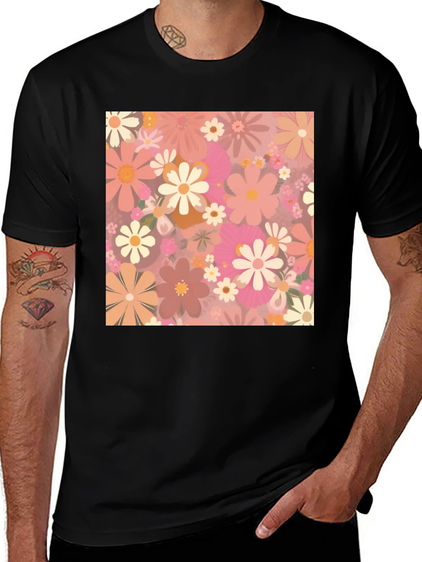 Variant 22 of Retro Floral Print Black T-Shirt